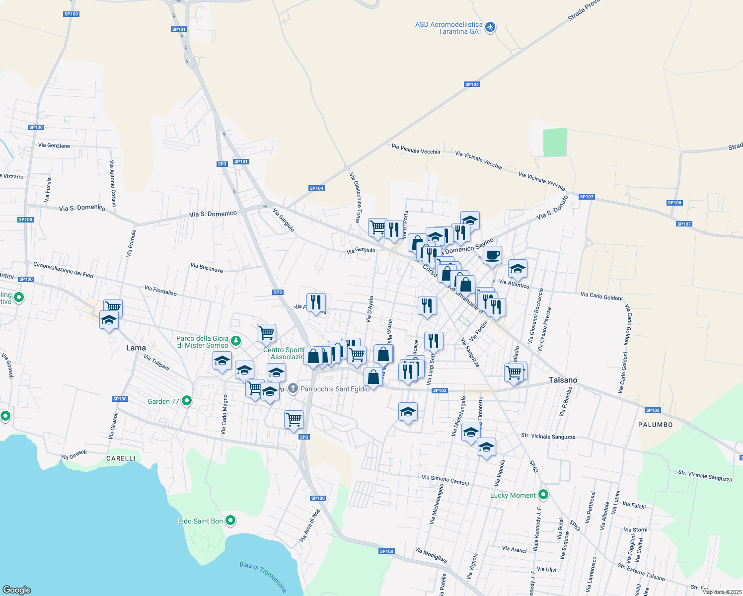map of restaurants, bars, coffee shops, grocery stores, and more near 14 Via D'Ayala in Taranto