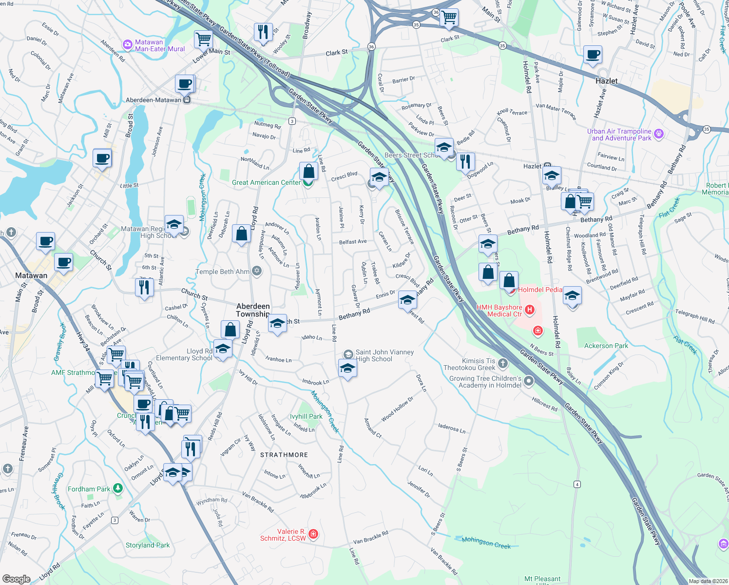 map of restaurants, bars, coffee shops, grocery stores, and more near 23 Dublin Ln in Hazlet
