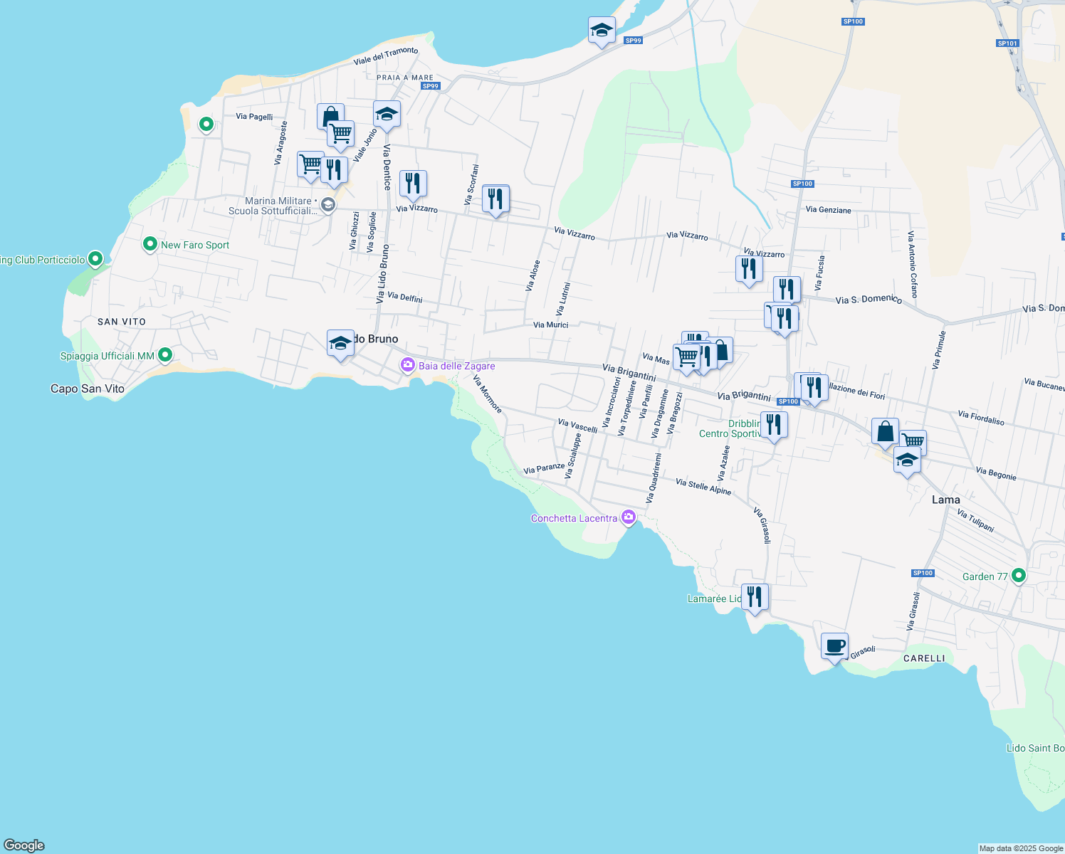 map of restaurants, bars, coffee shops, grocery stores, and more near 2 Via Lappane in Taranto