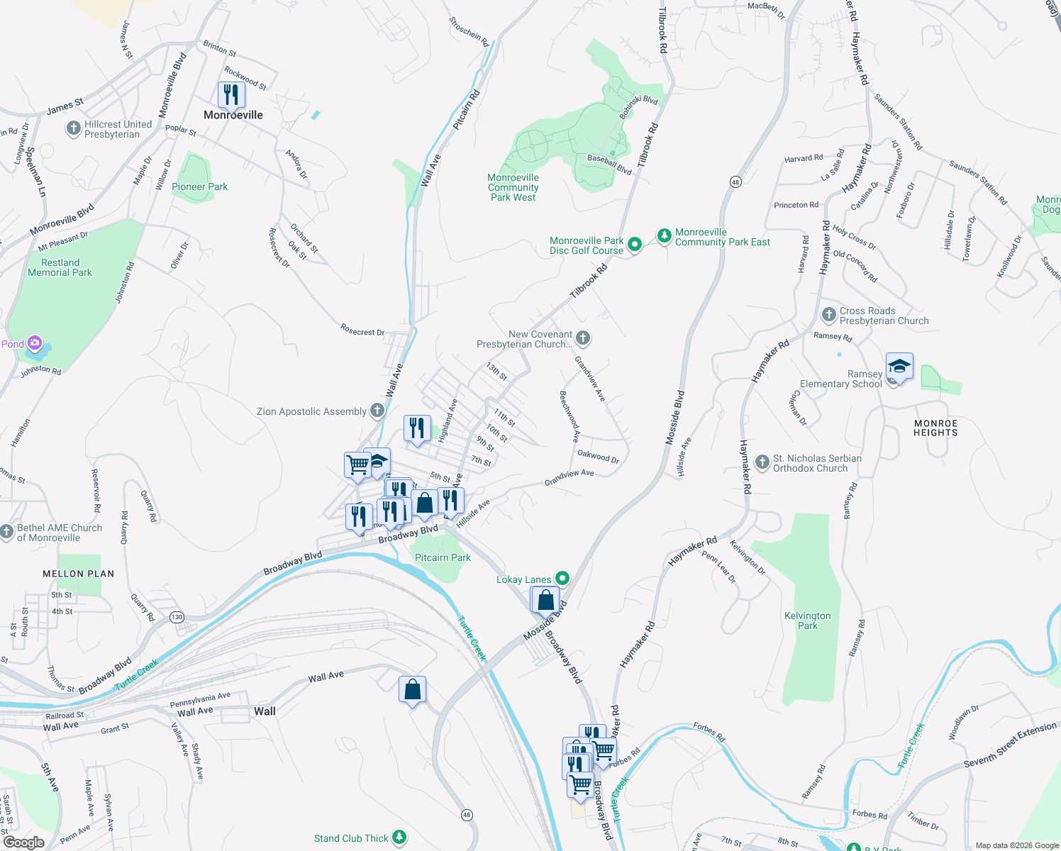 map of restaurants, bars, coffee shops, grocery stores, and more near 765 12th St in Pitcairn