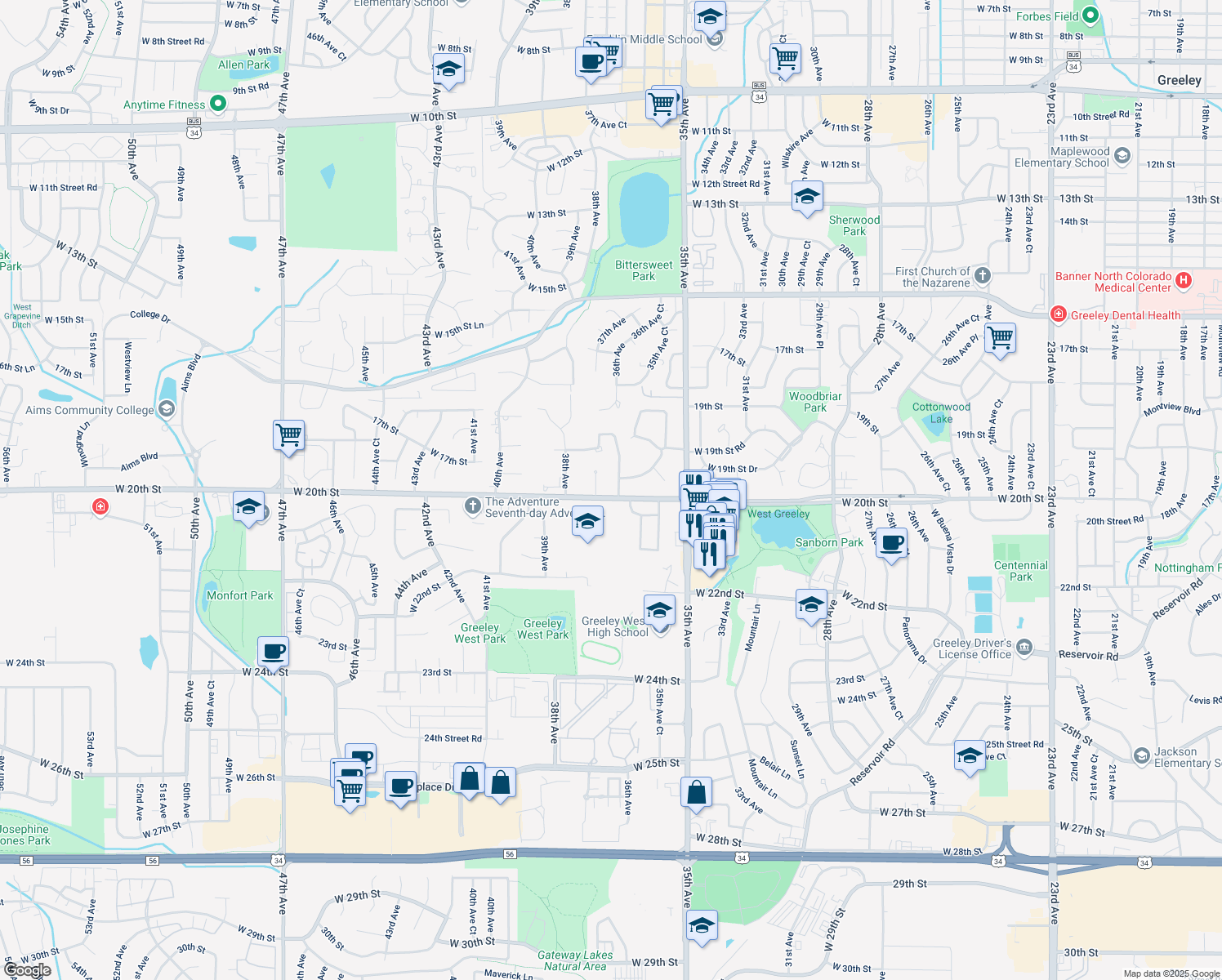 map of restaurants, bars, coffee shops, grocery stores, and more near 1943 Homestead Road in Greeley