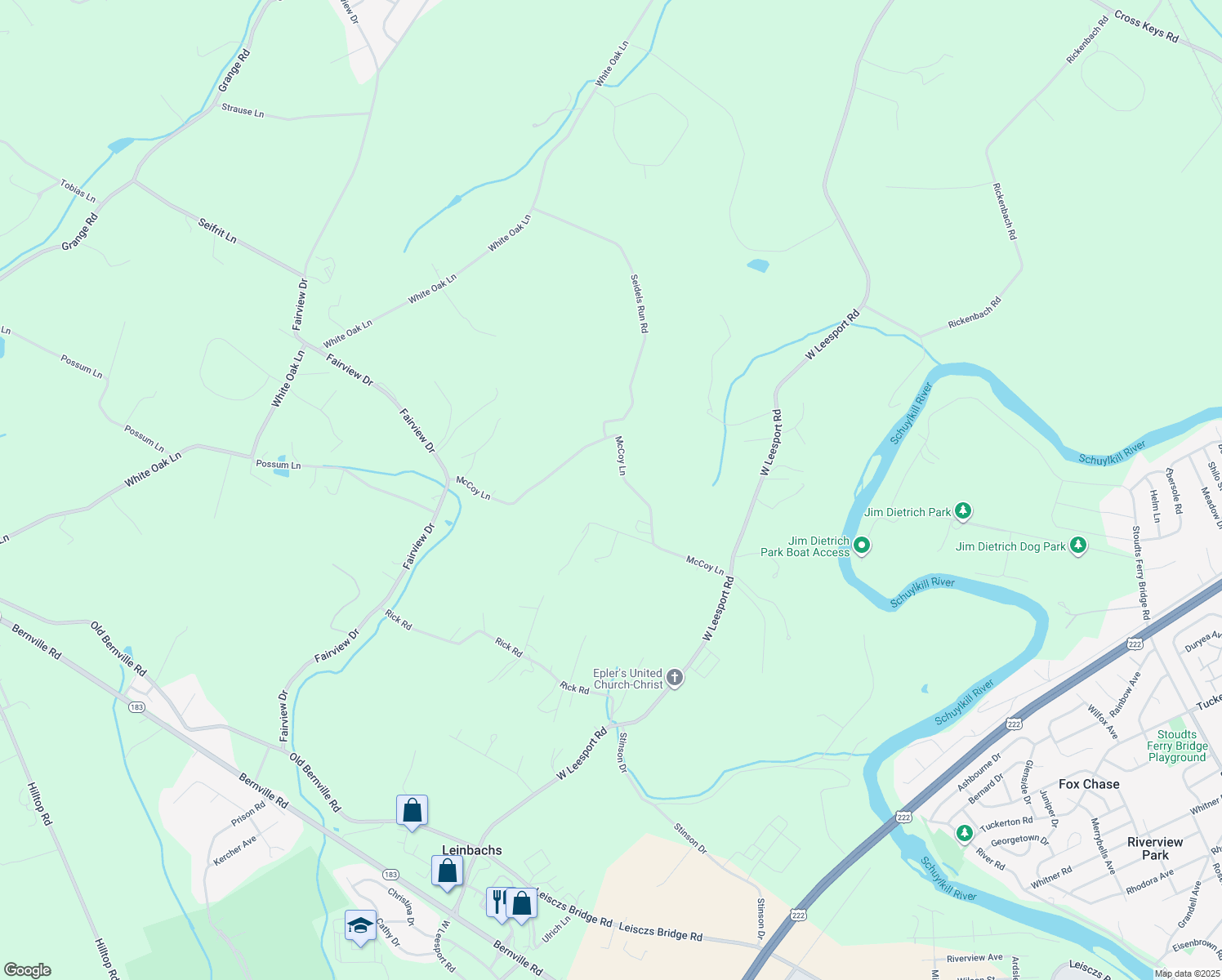 map of restaurants, bars, coffee shops, grocery stores, and more near 290 McCoy Lane in Leesport