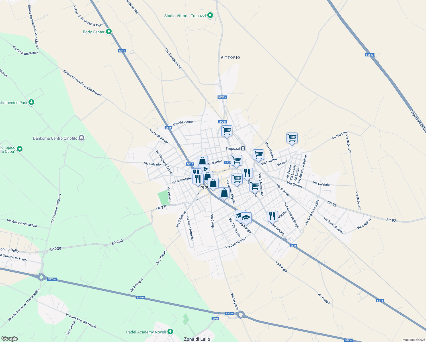 map of restaurants, bars, coffee shops, grocery stores, and more near 28 Via Assunta in Trepuzzi