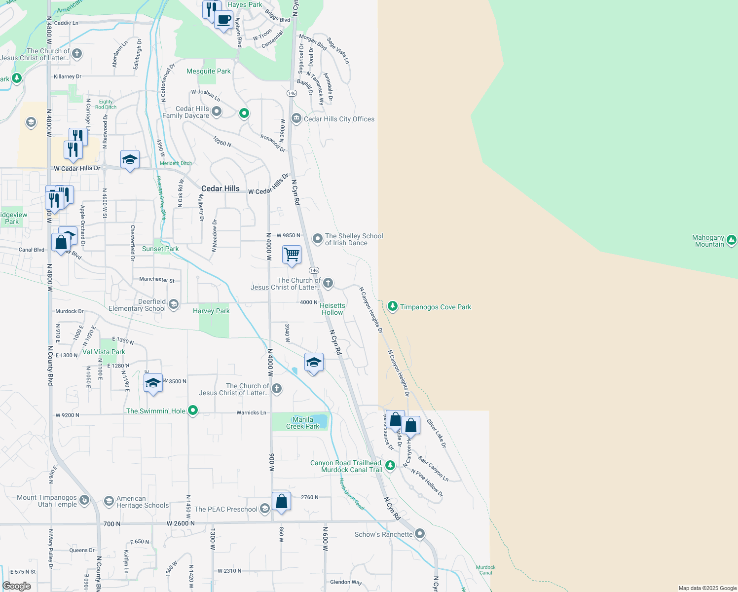 map of restaurants, bars, coffee shops, grocery stores, and more near 9616 N Canyon Heights Dr in Cedar Hills