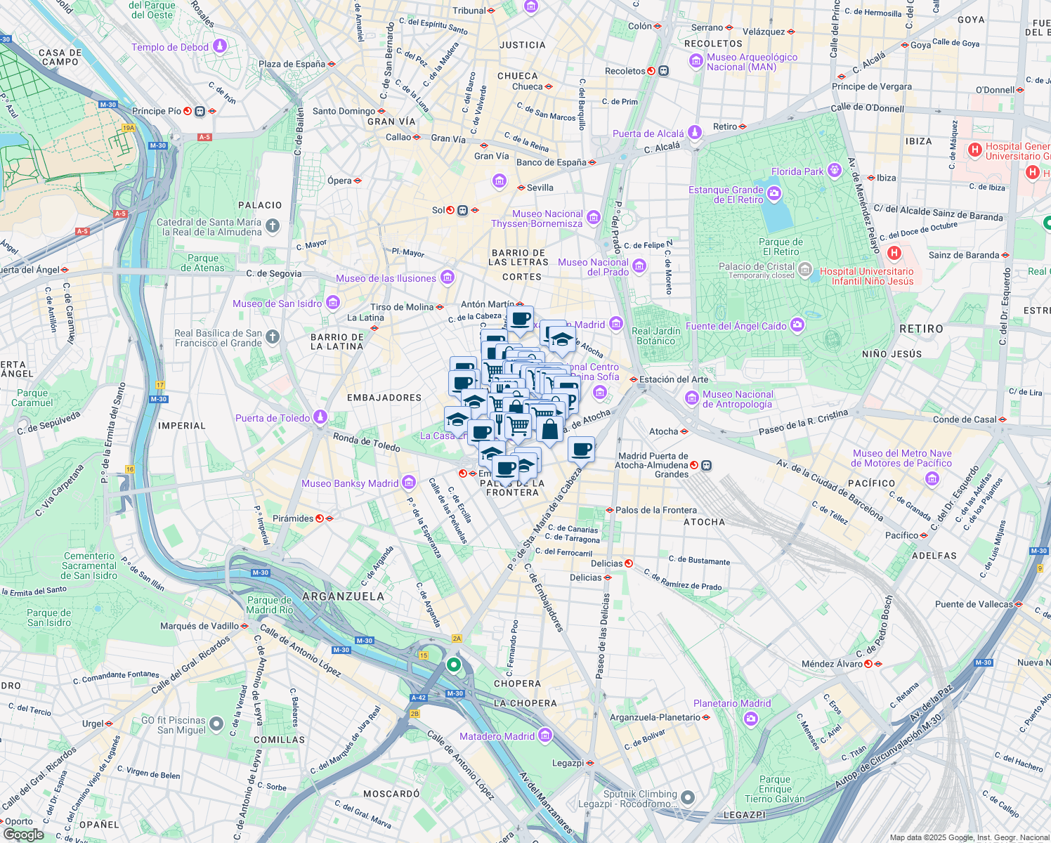 map of restaurants, bars, coffee shops, grocery stores, and more near 33 Calle Doctor Fourquet in Madrid