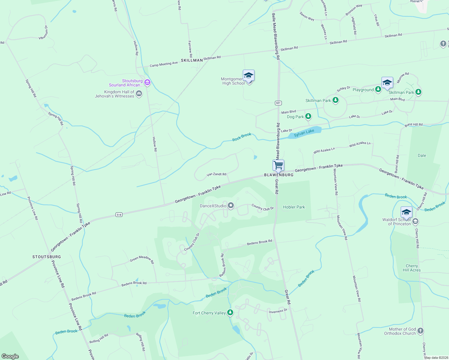 map of restaurants, bars, coffee shops, grocery stores, and more near 47 Van Zandt Rd in Montgomery