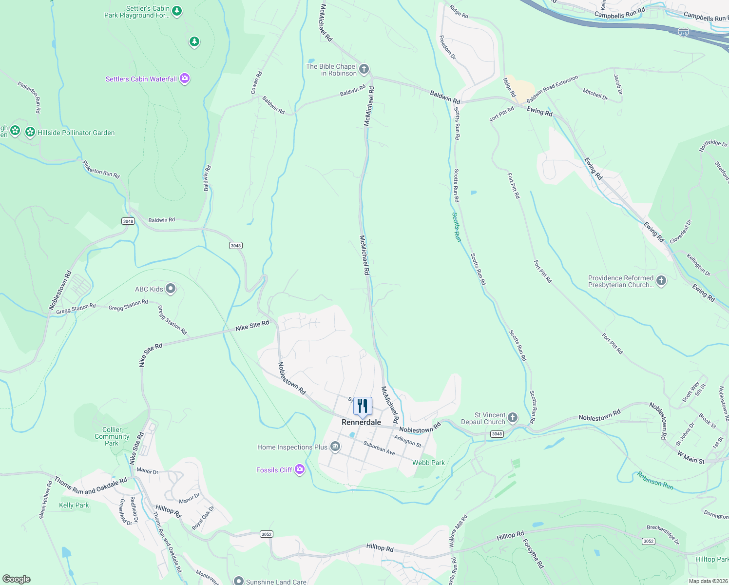 map of restaurants, bars, coffee shops, grocery stores, and more near 53 McMichael Road in Carnegie