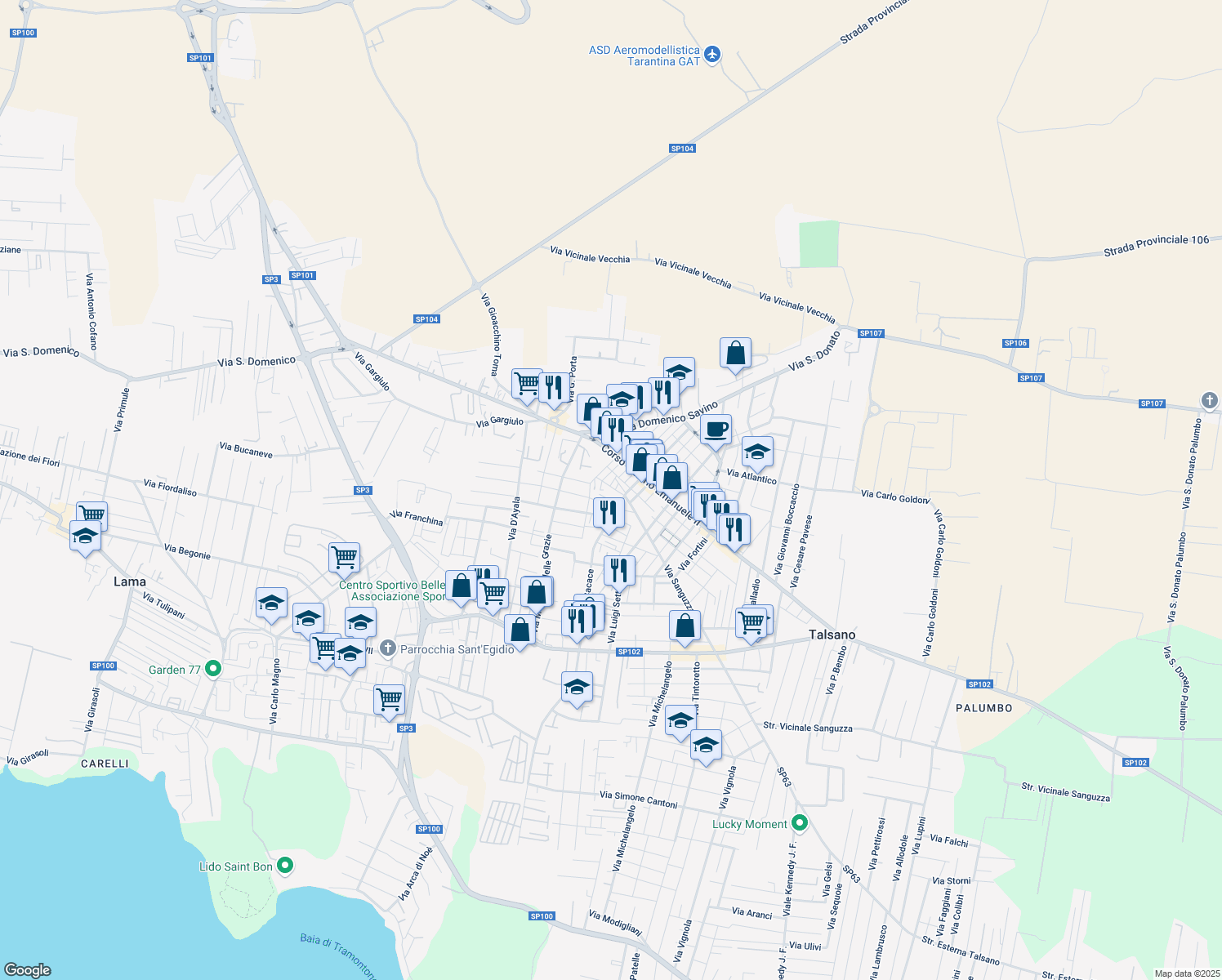 map of restaurants, bars, coffee shops, grocery stores, and more near 38 Via San Francesco D'Assisi in Taranto