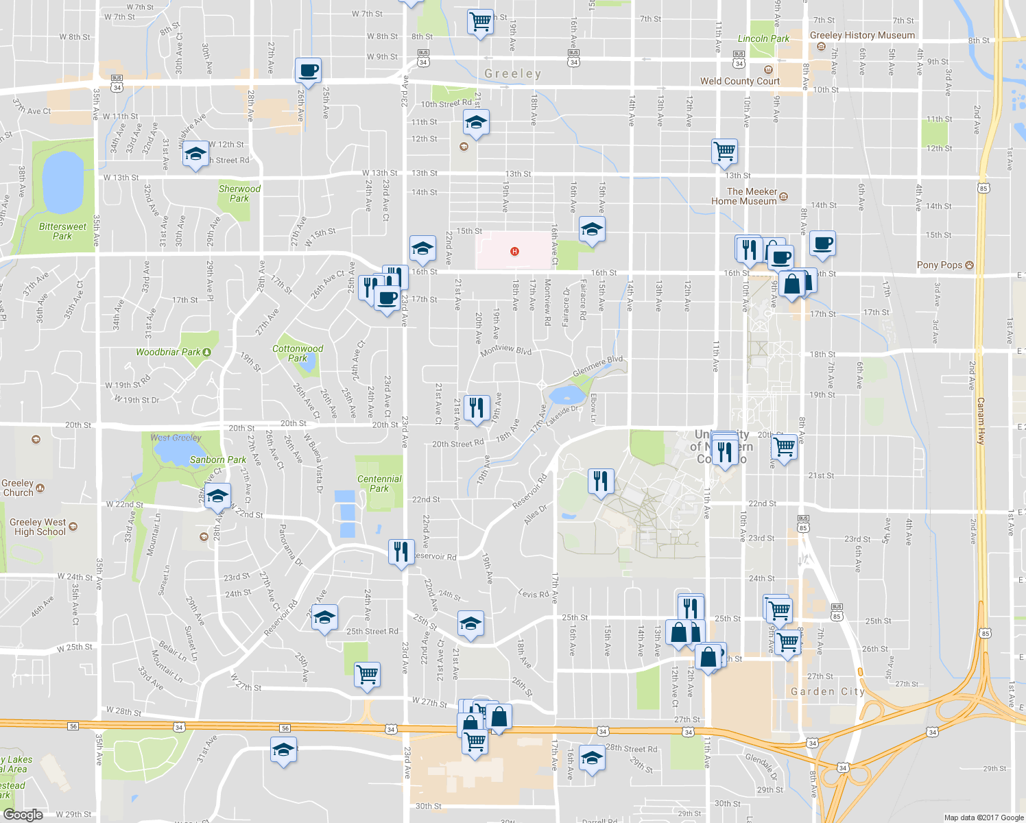 map of restaurants, bars, coffee shops, grocery stores, and more near 1939 18th Avenue in Greeley