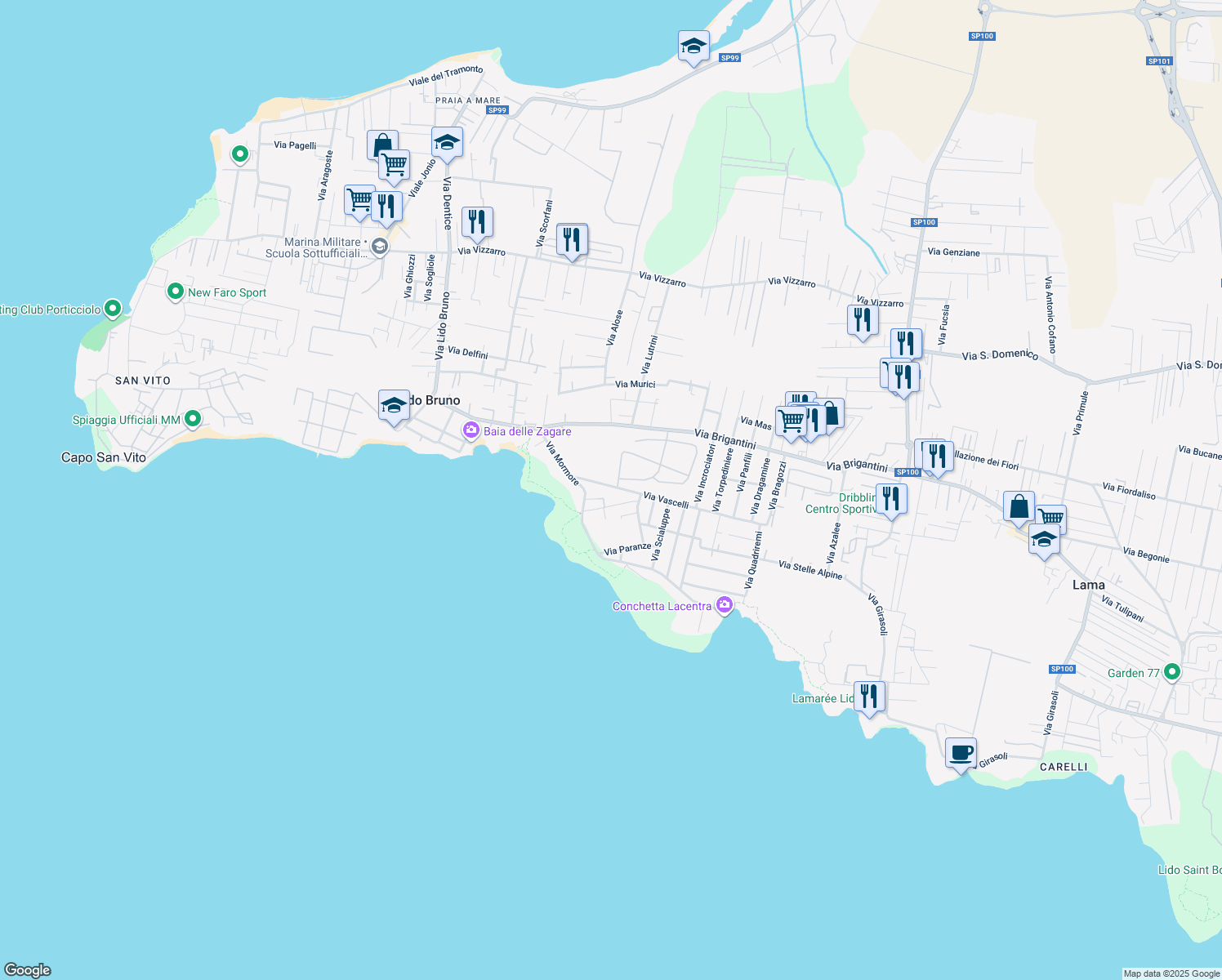map of restaurants, bars, coffee shops, grocery stores, and more near 2 Via Lappane in Taranto