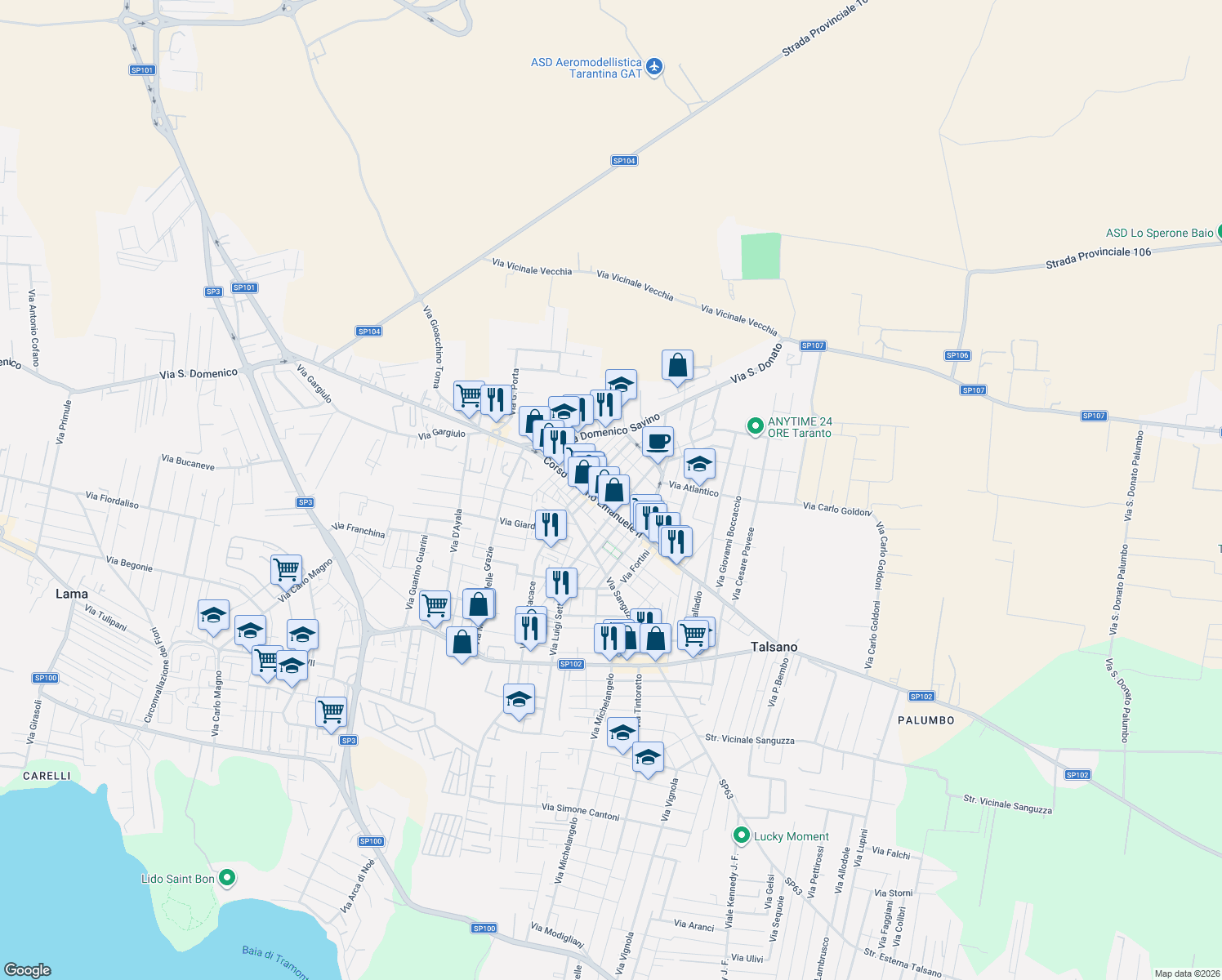 map of restaurants, bars, coffee shops, grocery stores, and more near 196 Corso Vittorio Emanuele II in Talsano