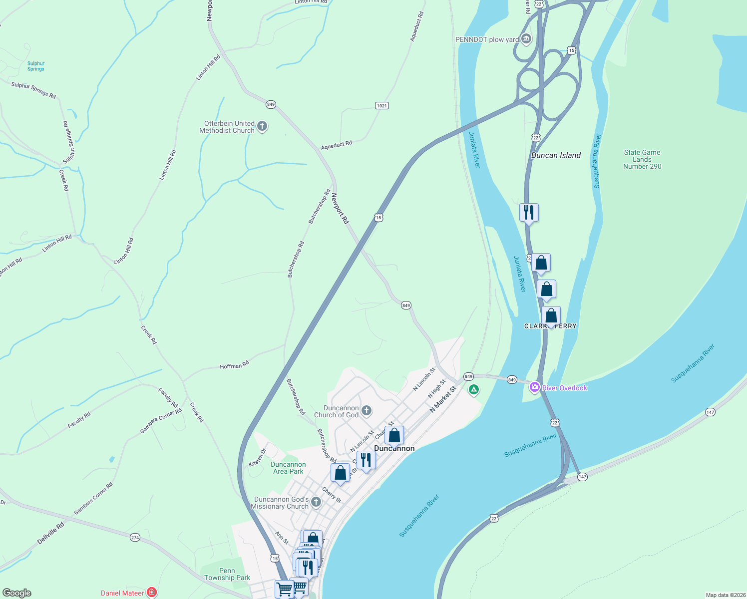 map of restaurants, bars, coffee shops, grocery stores, and more near 71 Newport Road in Duncannon