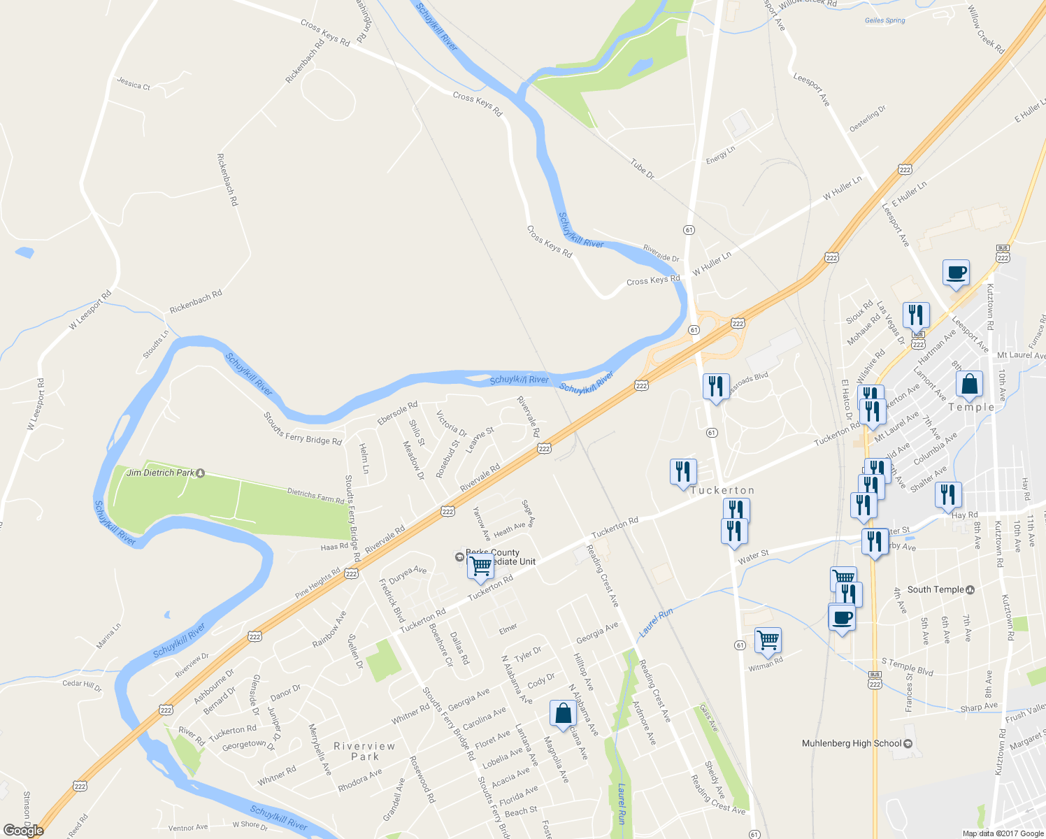 map of restaurants, bars, coffee shops, grocery stores, and more near 1048 Leanne Street in Reading