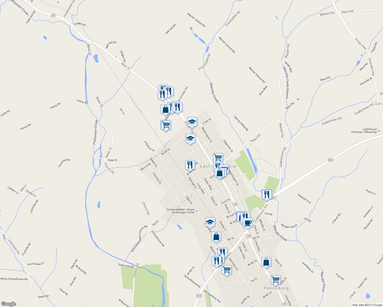 map of restaurants, bars, coffee shops, grocery stores, and more near 452 Jefferson Street in East Greenville