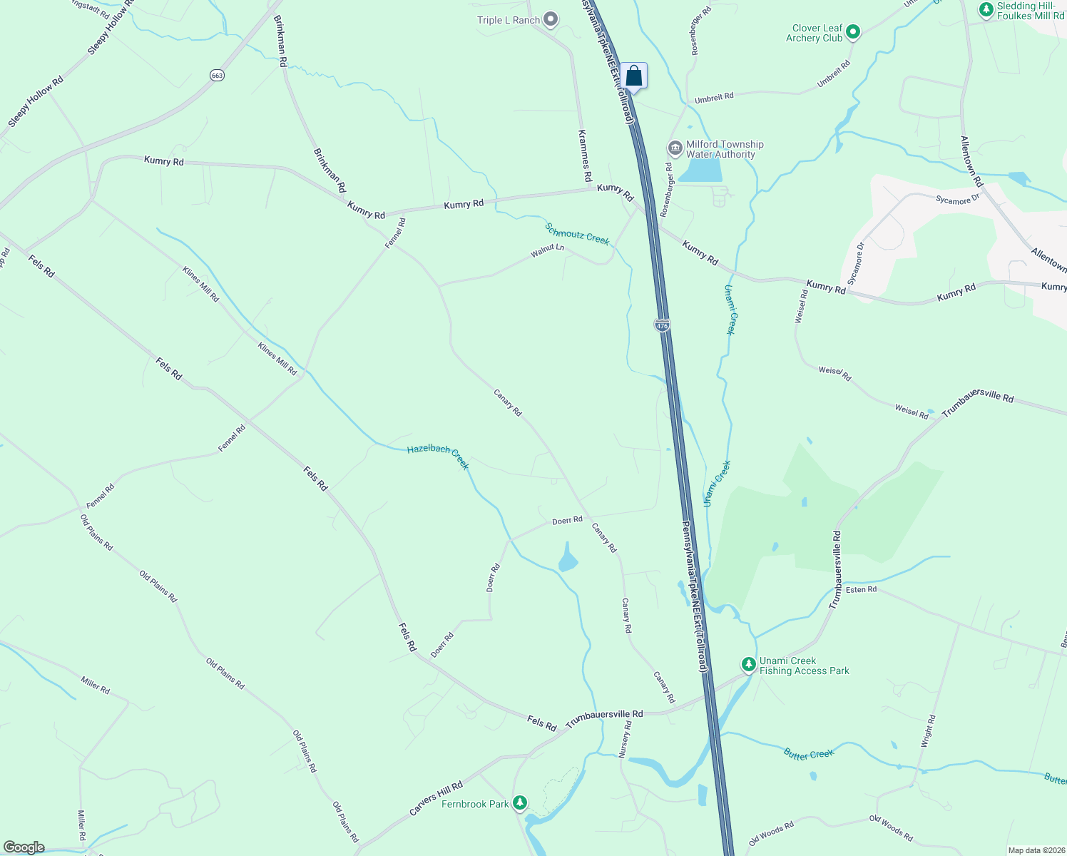 map of restaurants, bars, coffee shops, grocery stores, and more near 1615 Canary Road in Quakertown