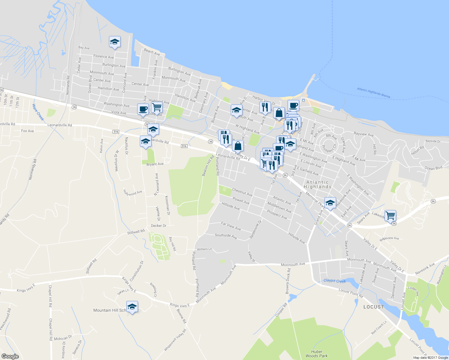 map of restaurants, bars, coffee shops, grocery stores, and more near 123 Oakland Ave in Atlantic Highlands