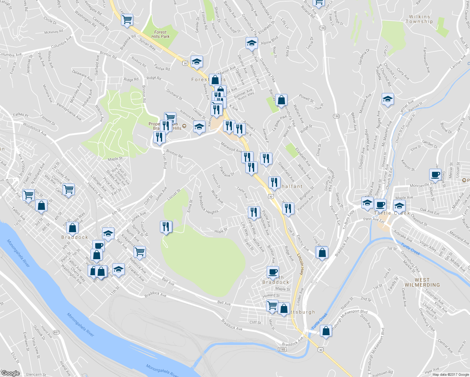 map of restaurants, bars, coffee shops, grocery stores, and more near 1012 Grandview Avenue in Braddock