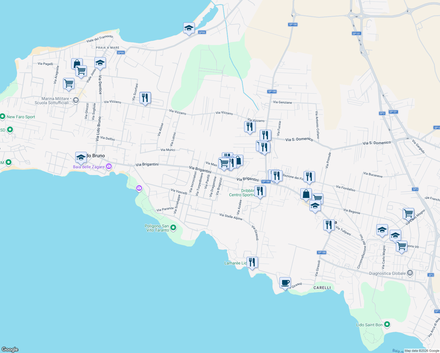 map of restaurants, bars, coffee shops, grocery stores, and more near 1 Via Brigantini in Taranto