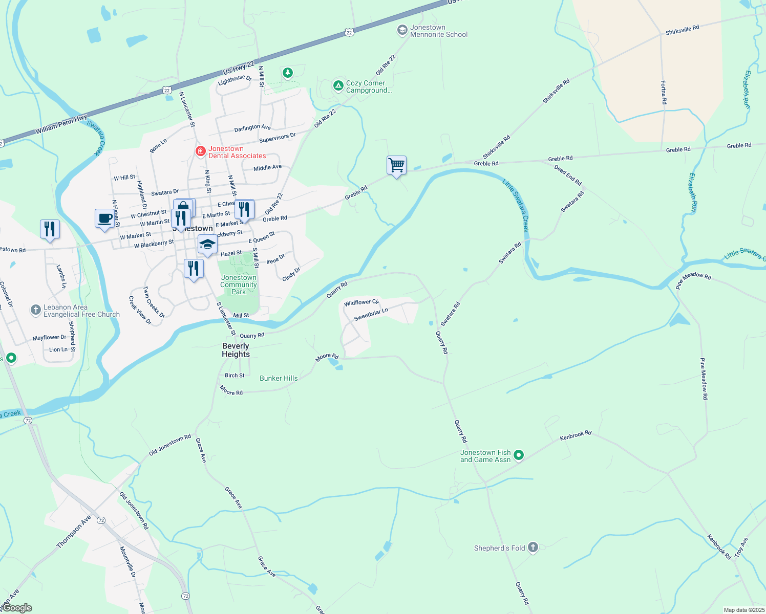 map of restaurants, bars, coffee shops, grocery stores, and more near 71 Sweetbriar Lane in Lebanon