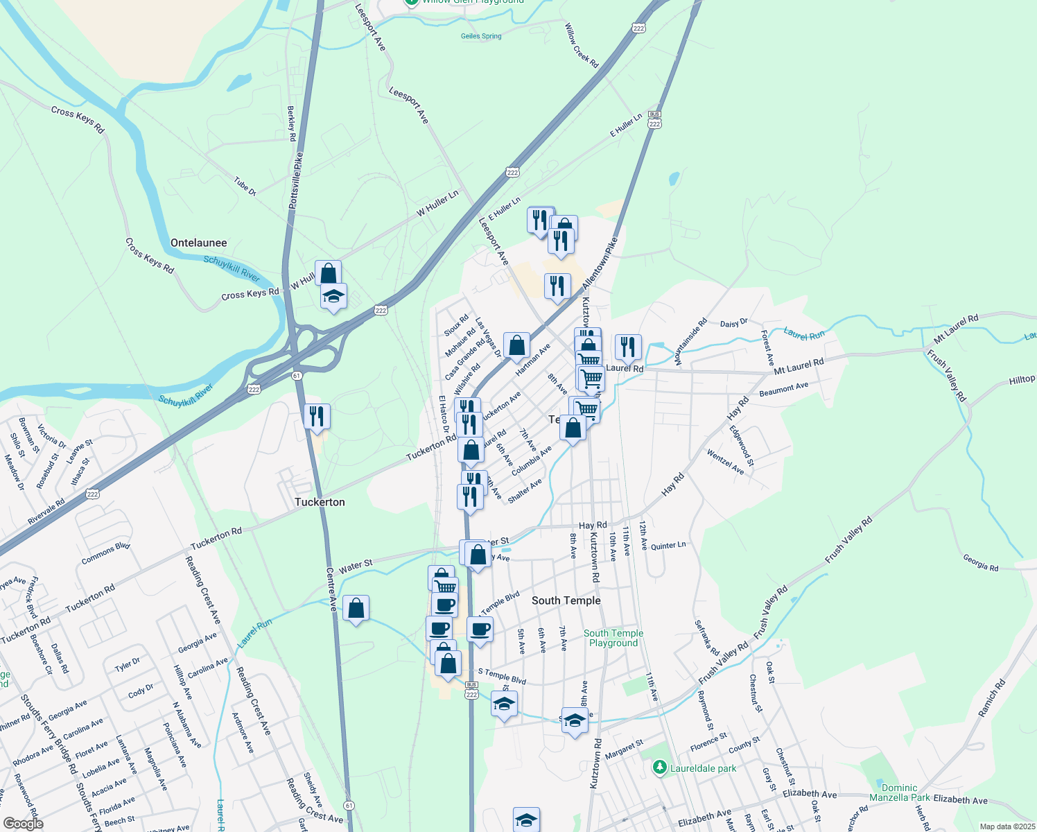 map of restaurants, bars, coffee shops, grocery stores, and more near 705 Mount Laurel Avenue in Temple