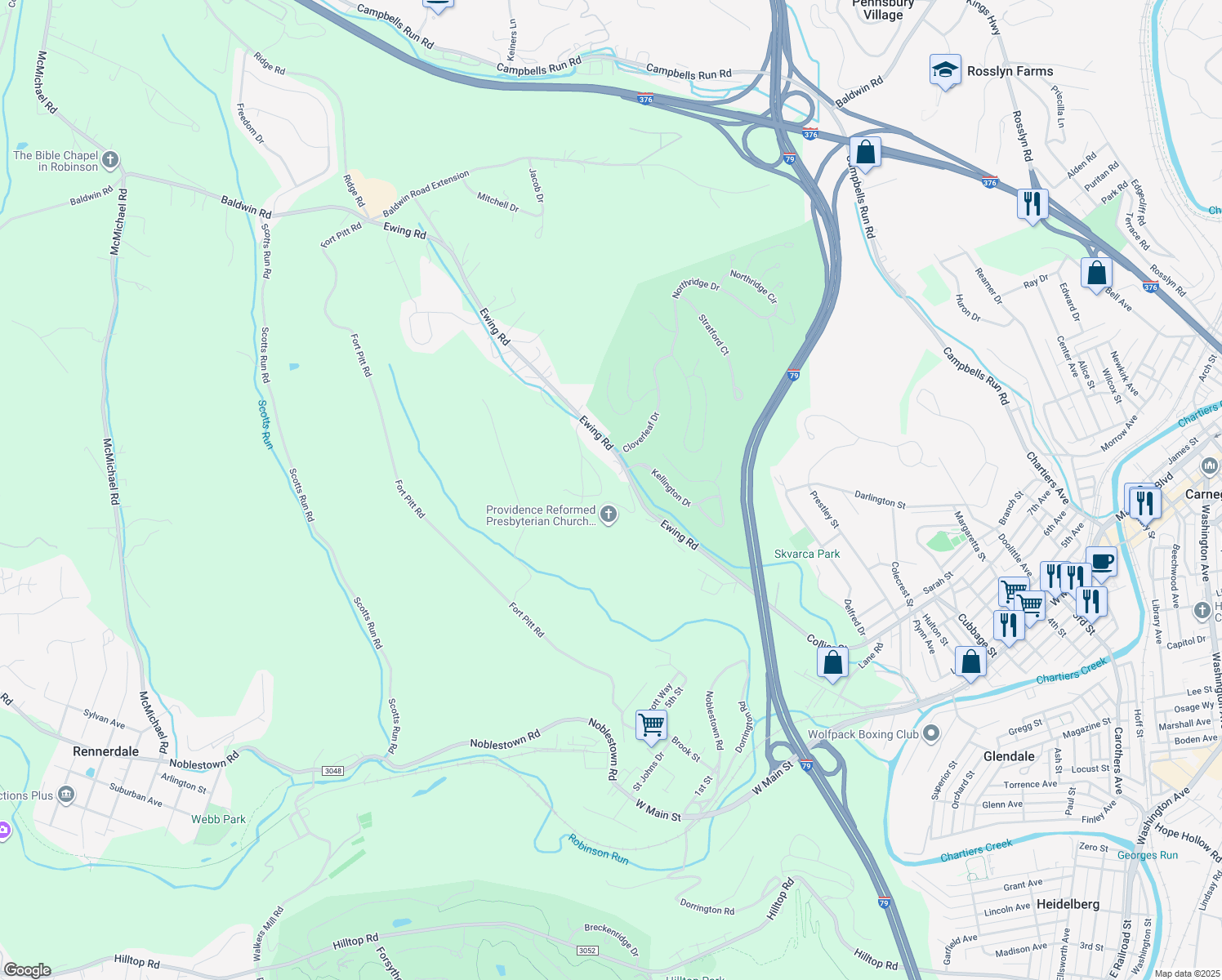 map of restaurants, bars, coffee shops, grocery stores, and more near in Carnegie