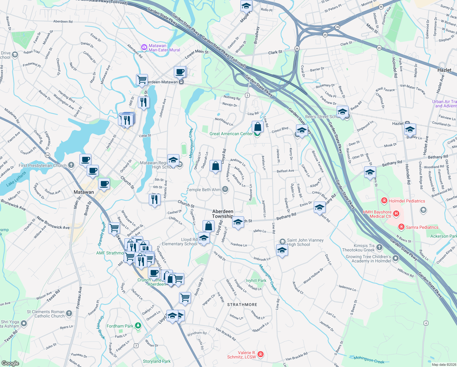 map of restaurants, bars, coffee shops, grocery stores, and more near 69 Avondale Lane in Monmouth County