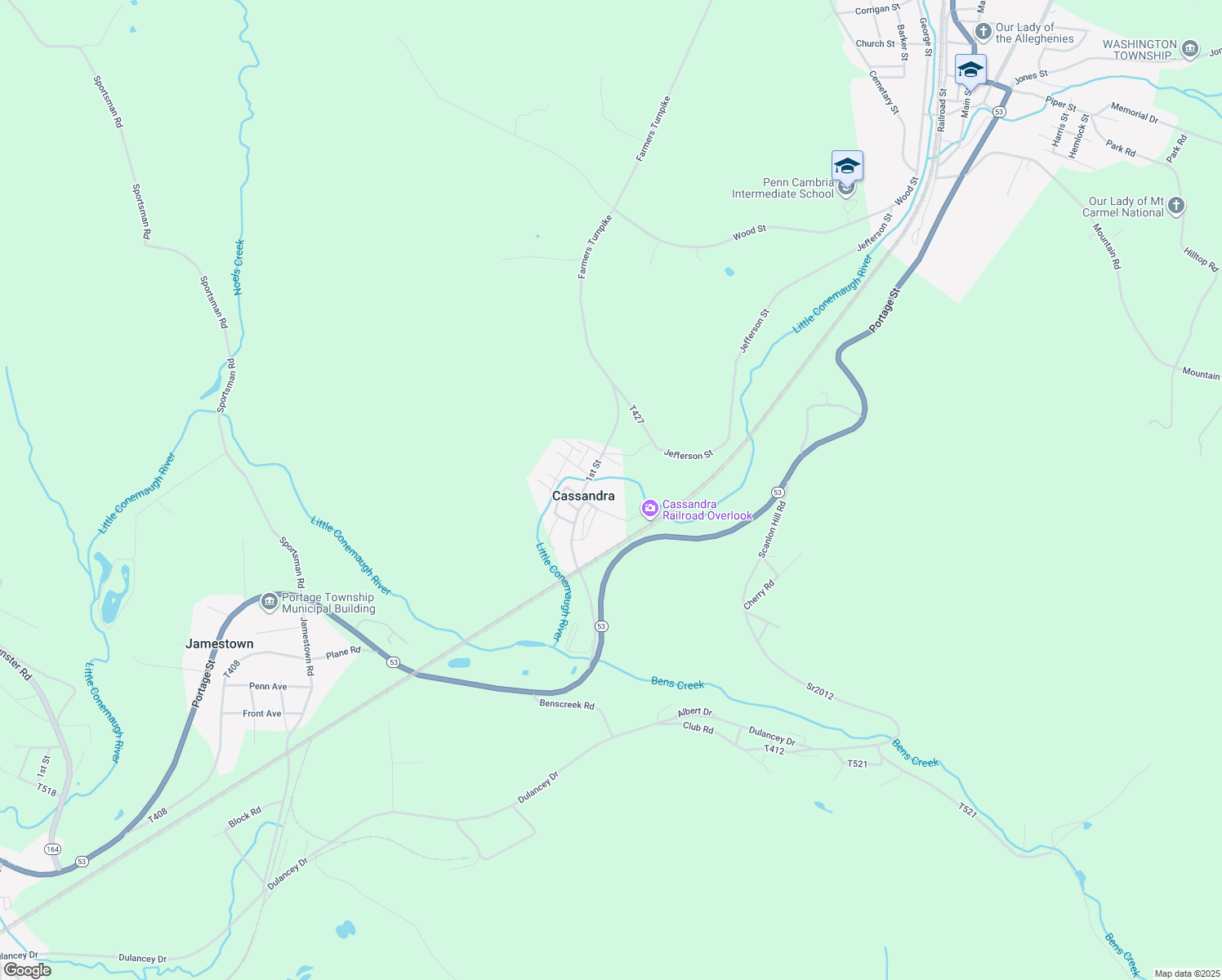 map of restaurants, bars, coffee shops, grocery stores, and more near in Cassandra