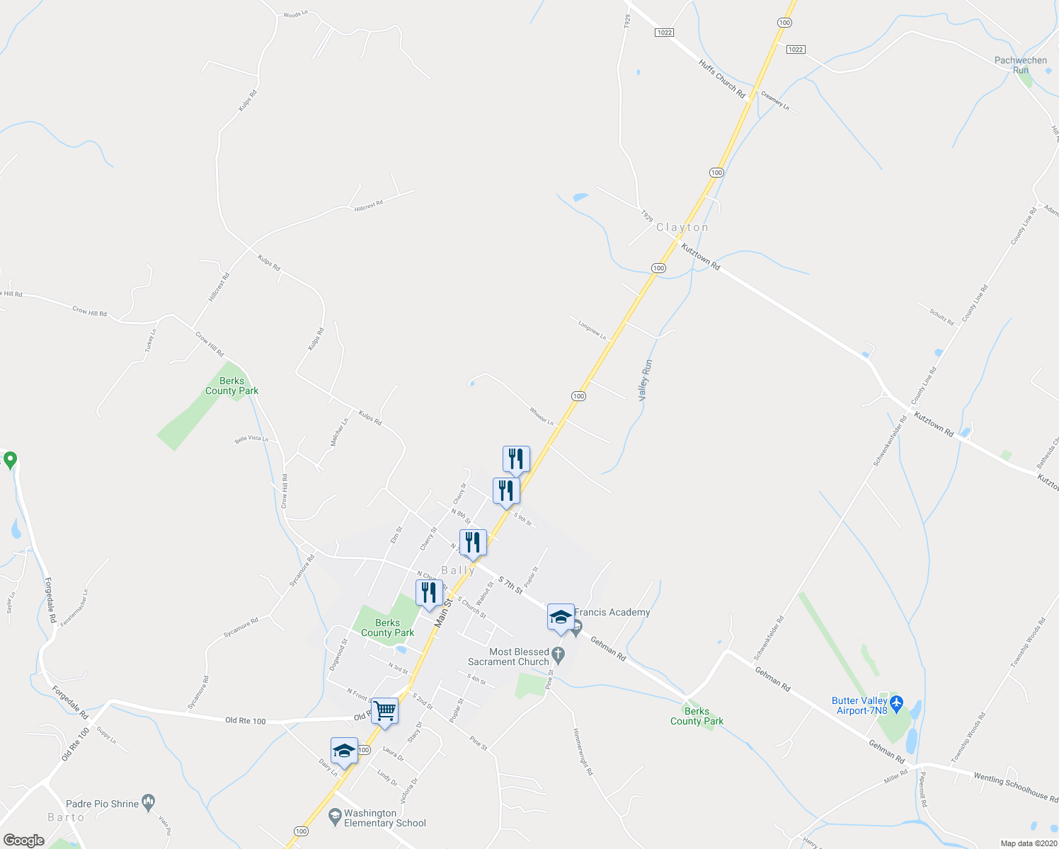 map of restaurants, bars, coffee shops, grocery stores, and more near 10 Wheeler Lane in Barto