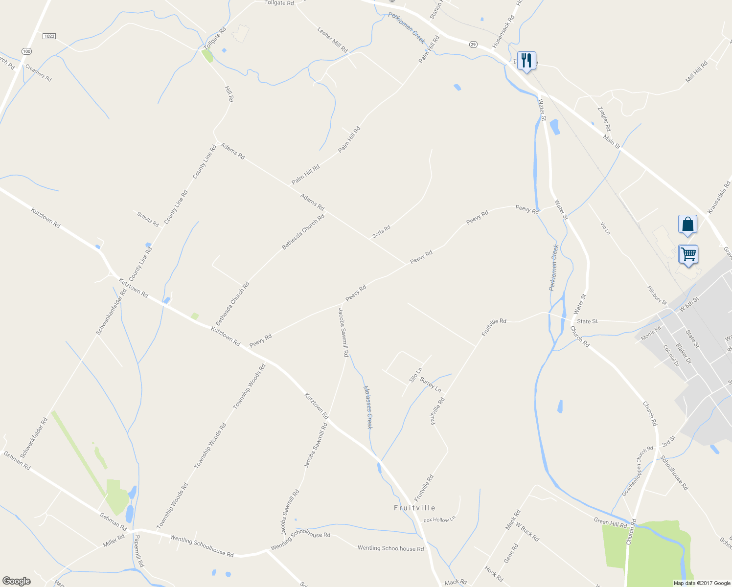 map of restaurants, bars, coffee shops, grocery stores, and more near 2050 Peevy Road in East Greenville
