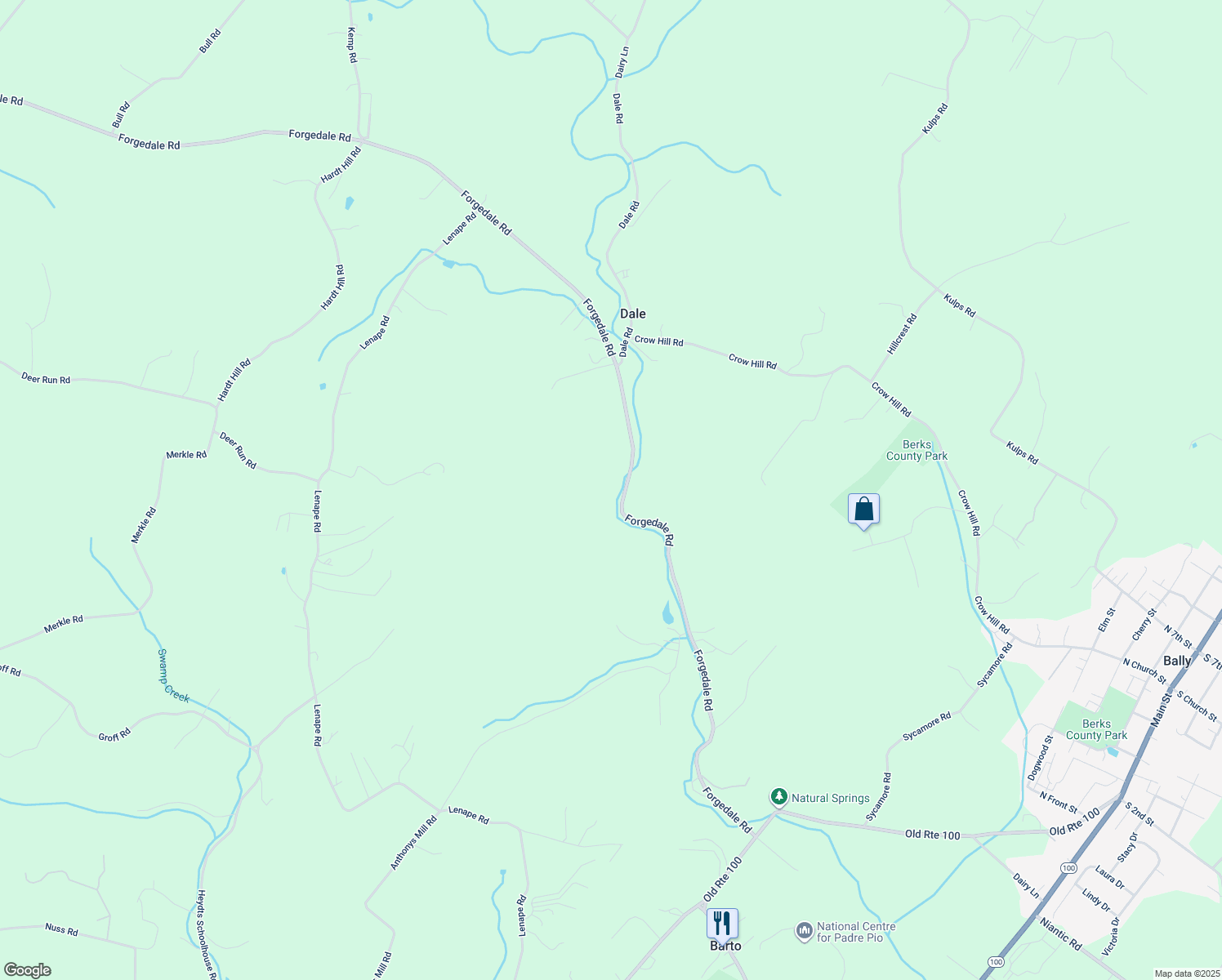 map of restaurants, bars, coffee shops, grocery stores, and more near 637 Forgedale Road in Barto