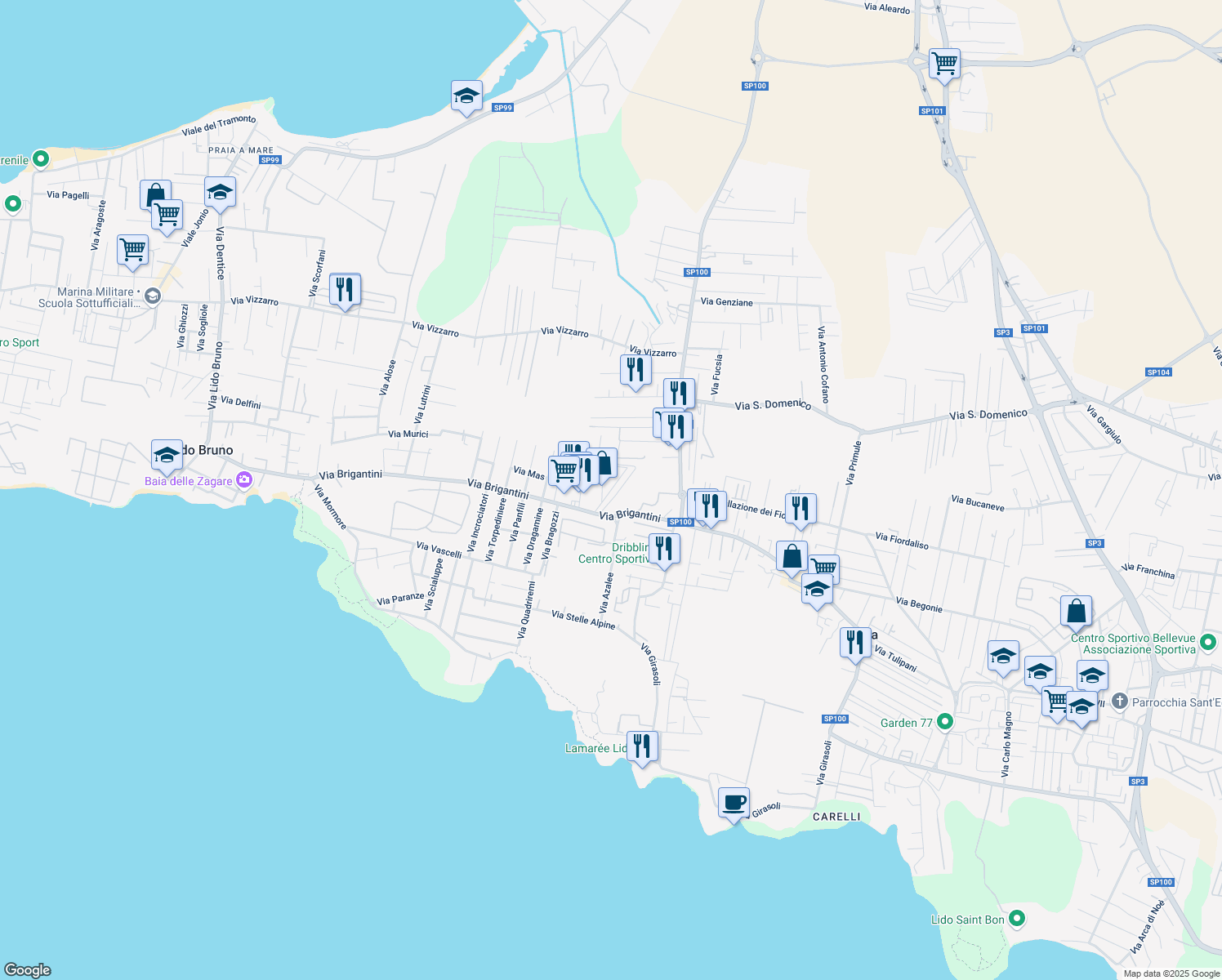 map of restaurants, bars, coffee shops, grocery stores, and more near 38 Via Sciabelle in Taranto