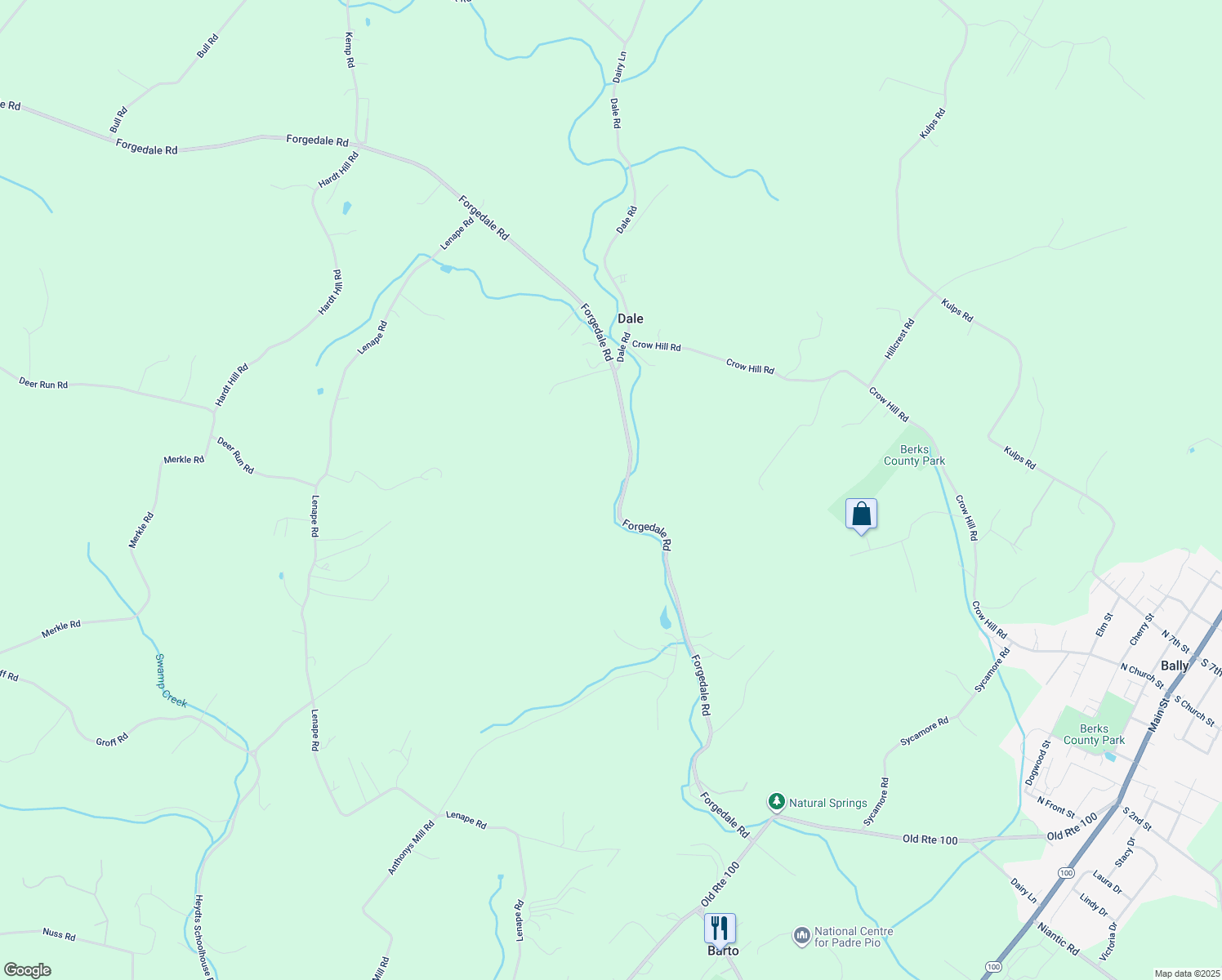 map of restaurants, bars, coffee shops, grocery stores, and more near 637 Forgedale Road in Barto