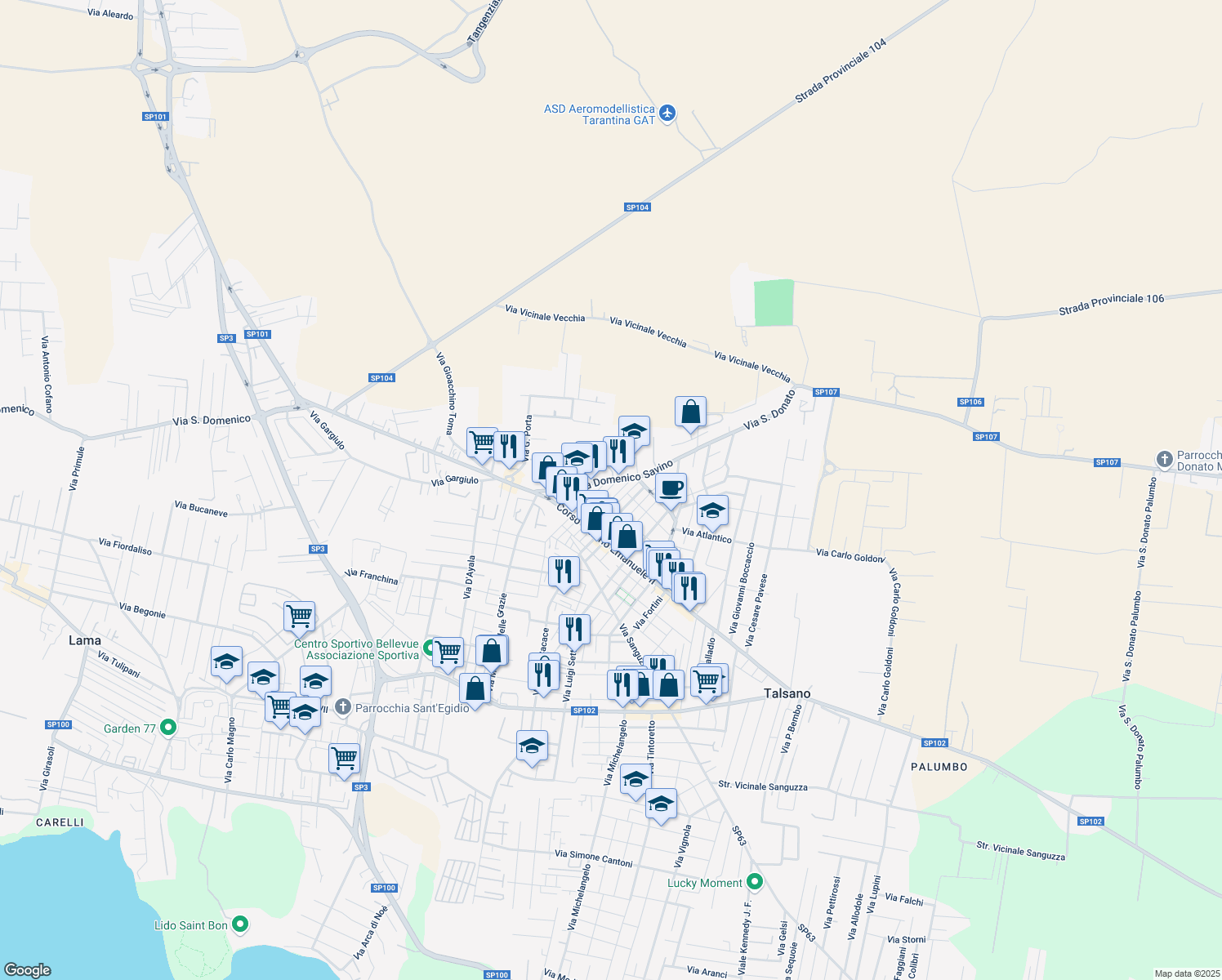 map of restaurants, bars, coffee shops, grocery stores, and more near in Taranto