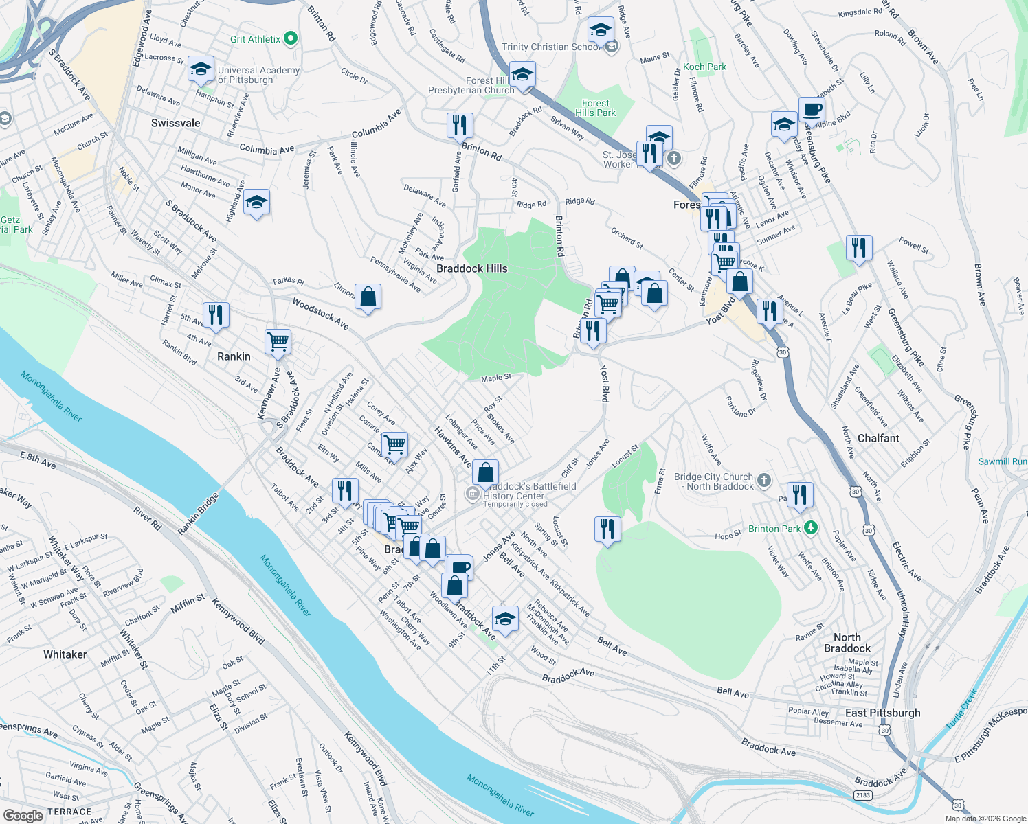 map of restaurants, bars, coffee shops, grocery stores, and more near 527 Seddon Avenue in Braddock