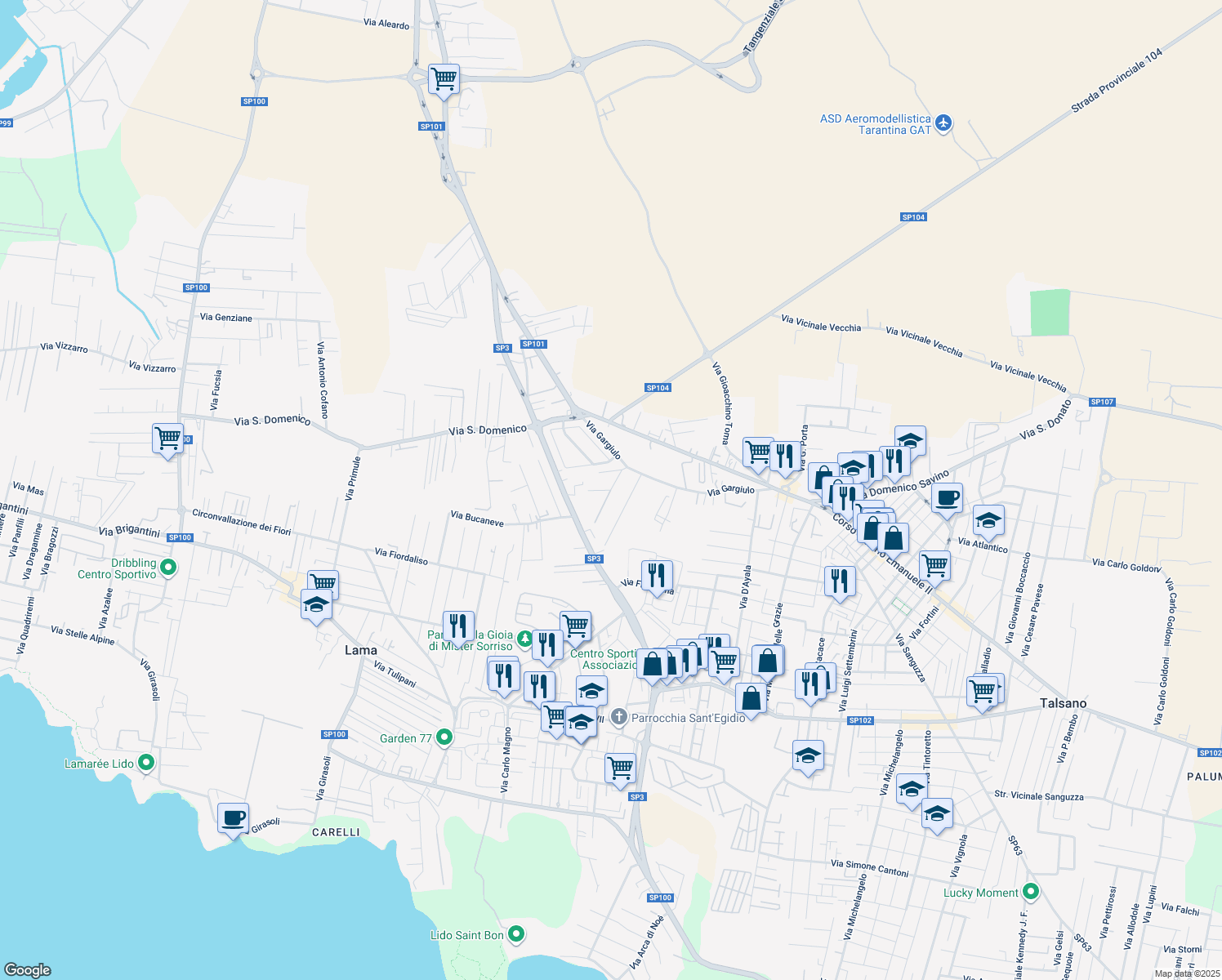 map of restaurants, bars, coffee shops, grocery stores, and more near 21b Via Ruggiero in Taranto