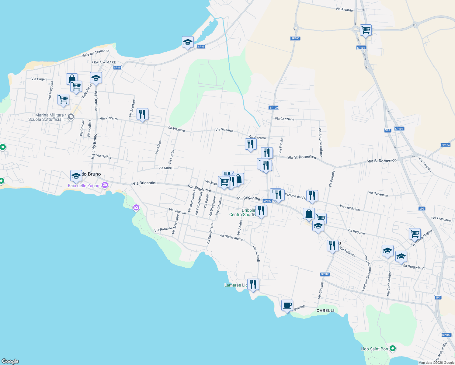 map of restaurants, bars, coffee shops, grocery stores, and more near Via Tartana in Taranto