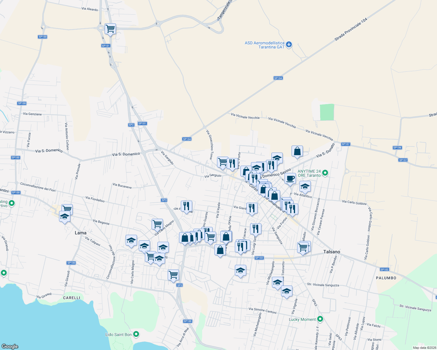 map of restaurants, bars, coffee shops, grocery stores, and more near 3 Via Gargiulo in Taranto