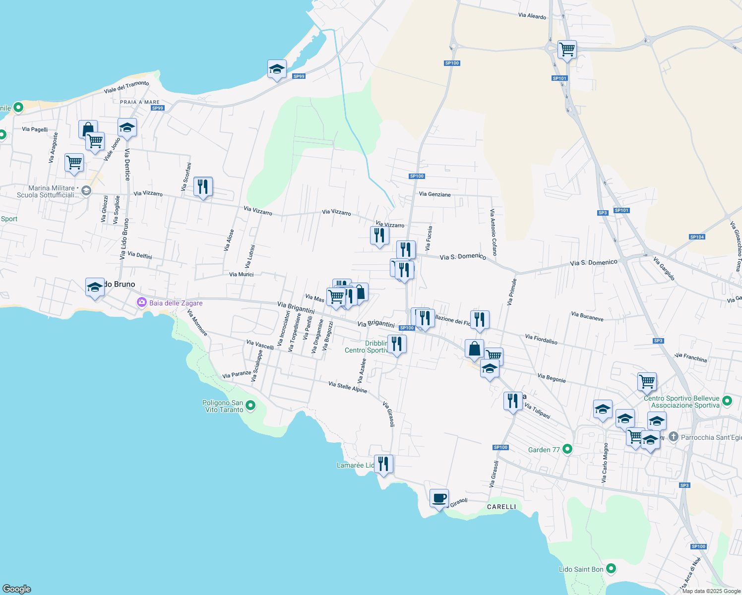 map of restaurants, bars, coffee shops, grocery stores, and more near 38 Via Sciabelle in Taranto