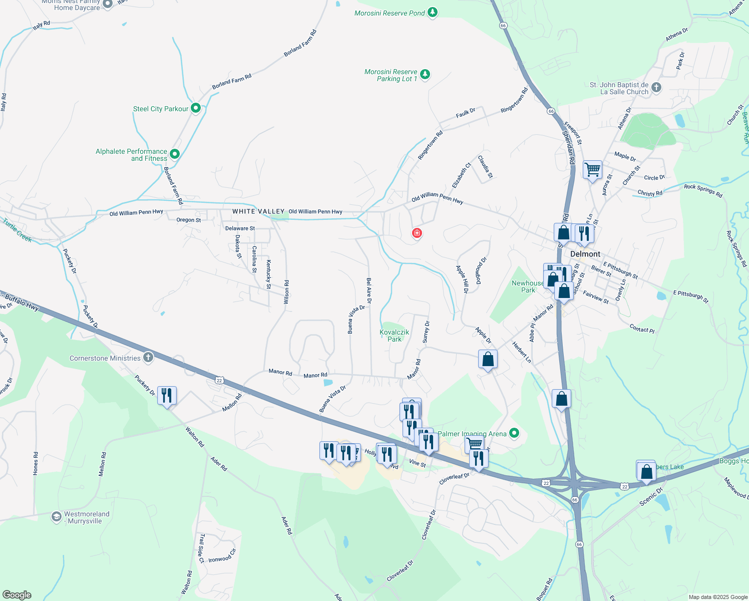map of restaurants, bars, coffee shops, grocery stores, and more near 35 Bel Aire Dr in Delmont