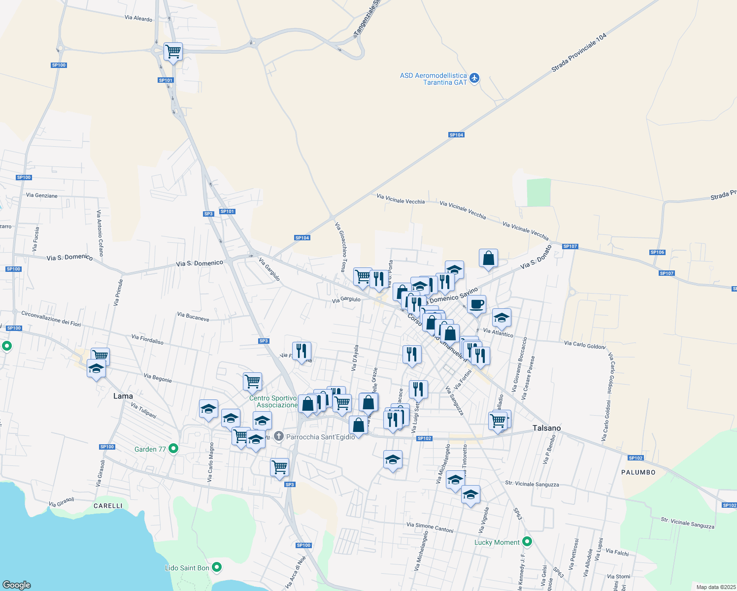 map of restaurants, bars, coffee shops, grocery stores, and more near 31 Corso Vittorio Emanuele II in Taranto