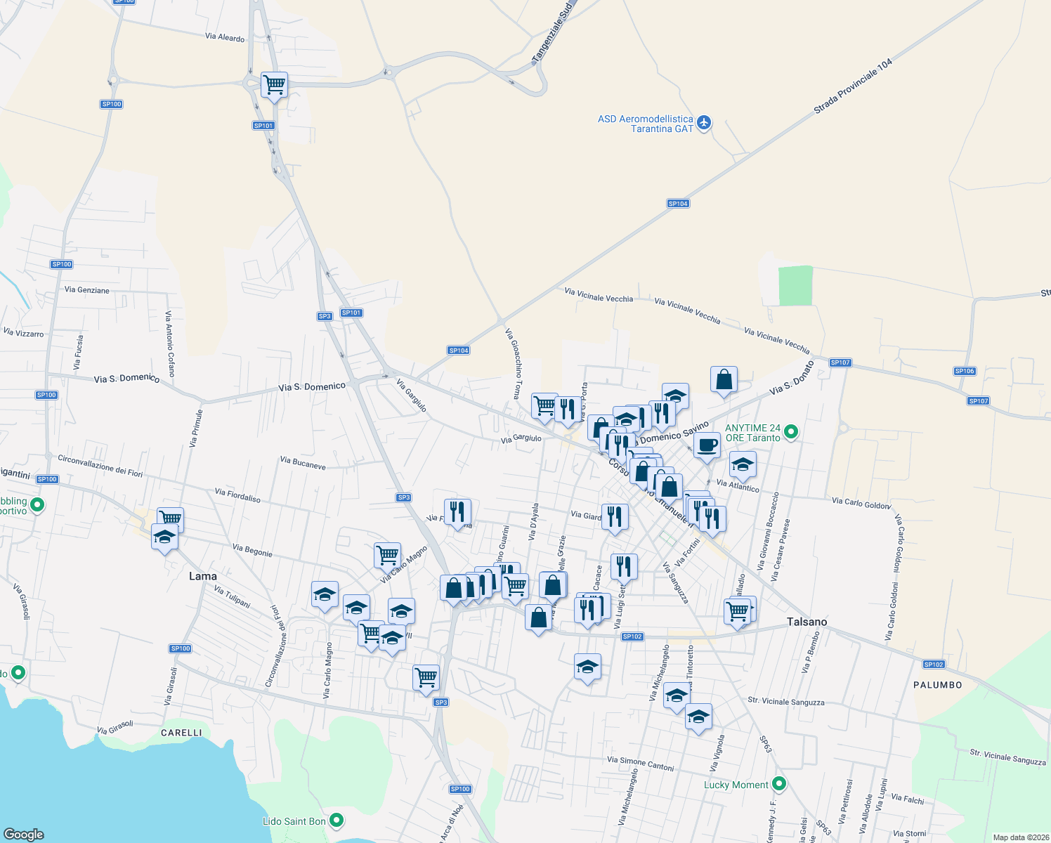 map of restaurants, bars, coffee shops, grocery stores, and more near 3 Via Gargiulo in Taranto
