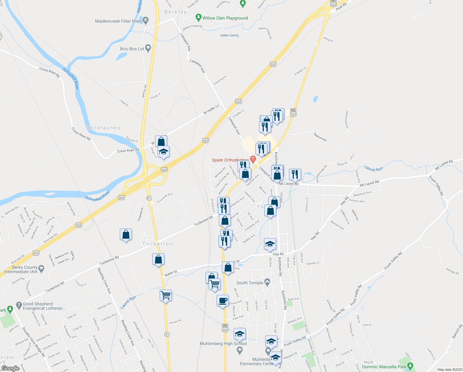 map of restaurants, bars, coffee shops, grocery stores, and more near 5210 Allentown Pike in Temple
