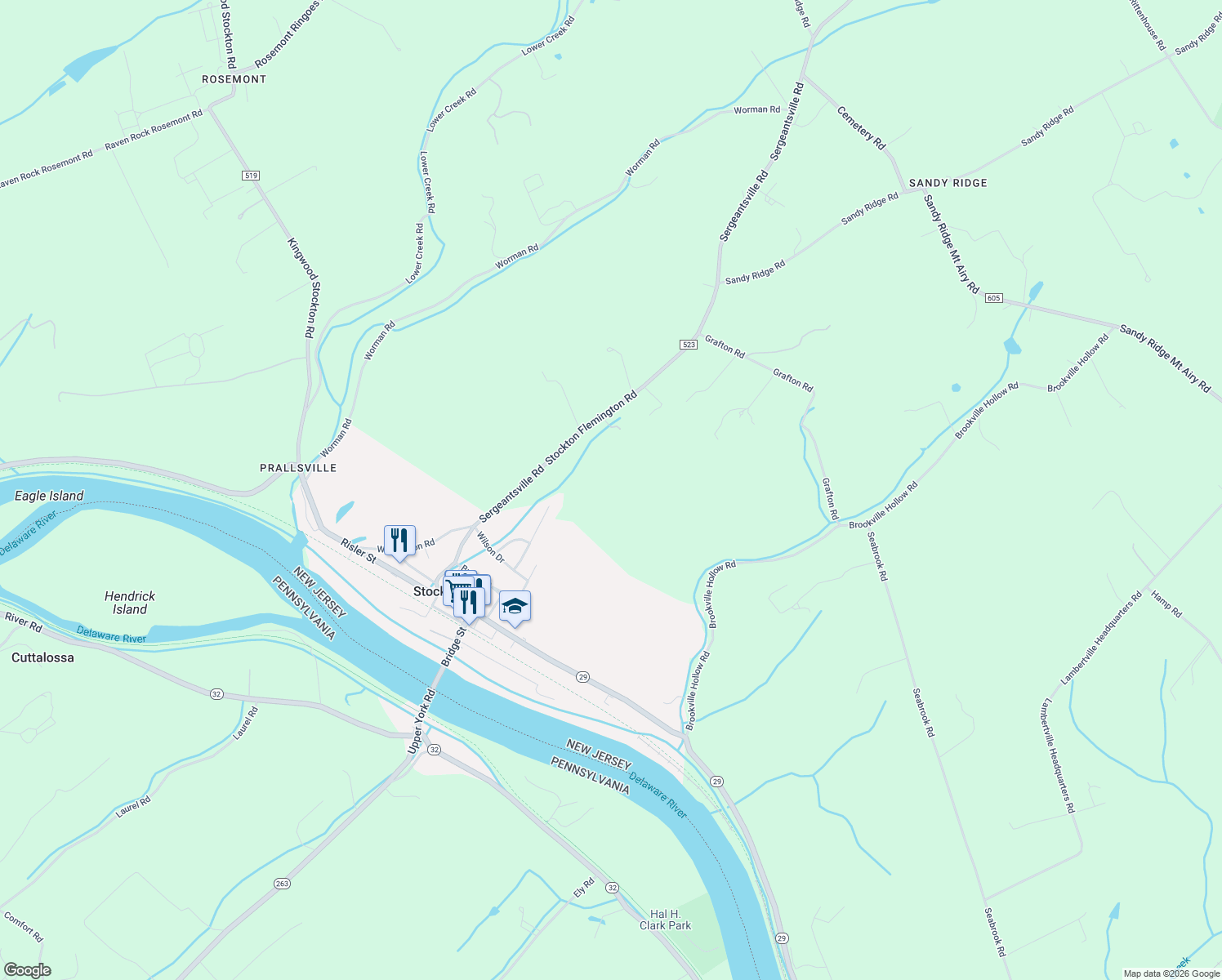 map of restaurants, bars, coffee shops, grocery stores, and more near 951 Sergeantsville Road in Stockton