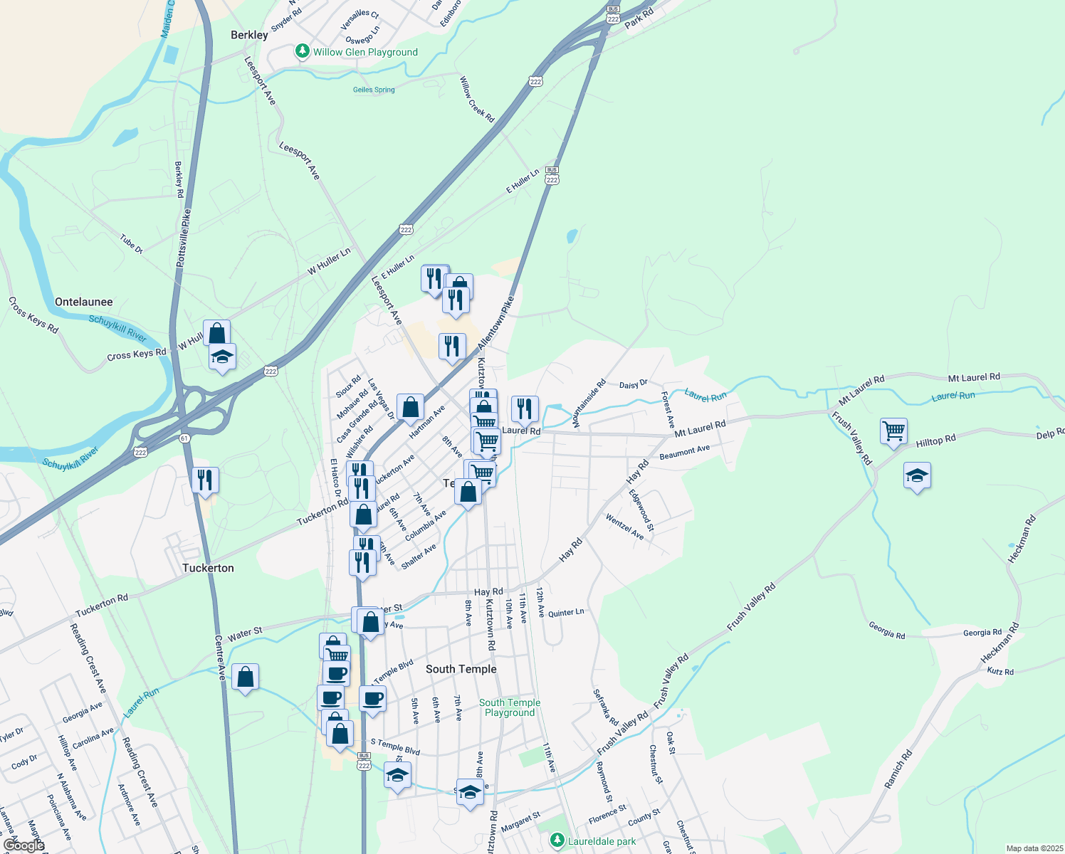 map of restaurants, bars, coffee shops, grocery stores, and more near 1115 Mount Laurel Road in Temple