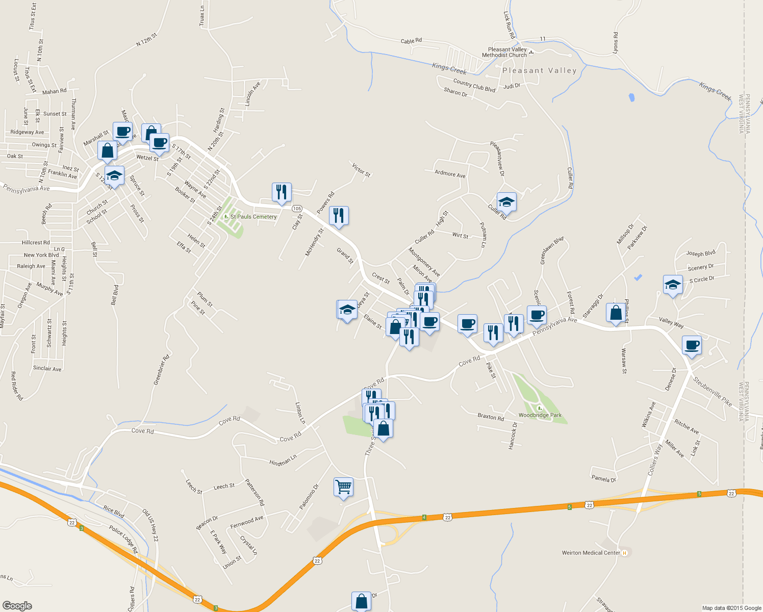 map of restaurants, bars, coffee shops, grocery stores, and more near 208 Donnell St in Weirton