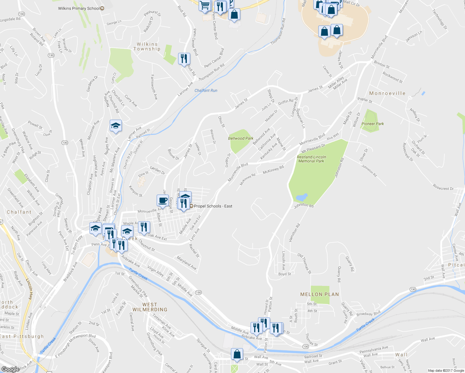 map of restaurants, bars, coffee shops, grocery stores, and more near 1964 Smith Lane in Monroeville