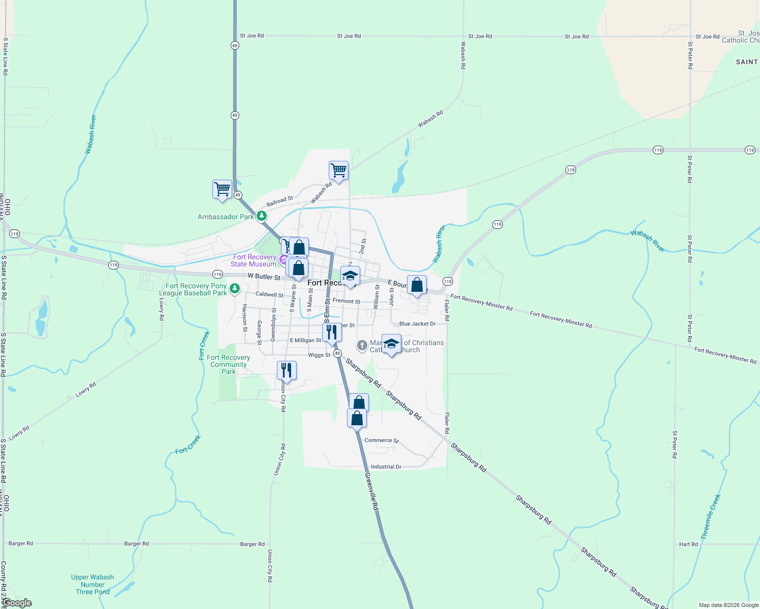 map of restaurants, bars, coffee shops, grocery stores, and more near 504 Fremont St in Fort Recovery