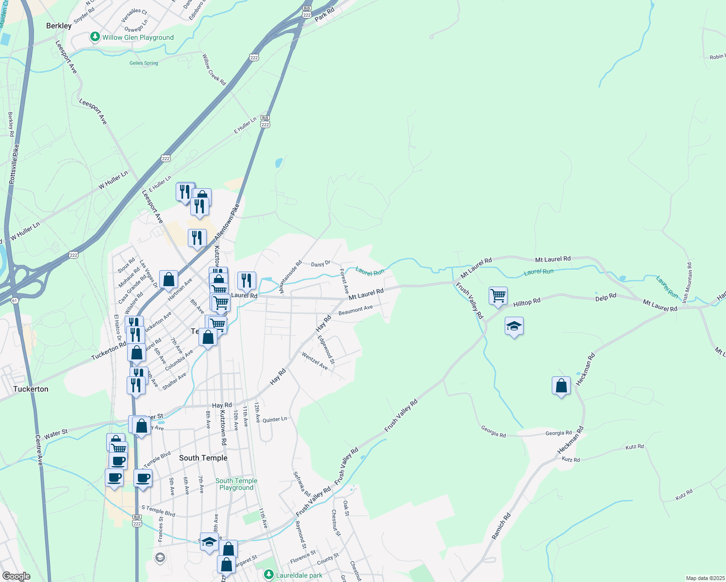 map of restaurants, bars, coffee shops, grocery stores, and more near 1605 Mount Laurel Road in Temple