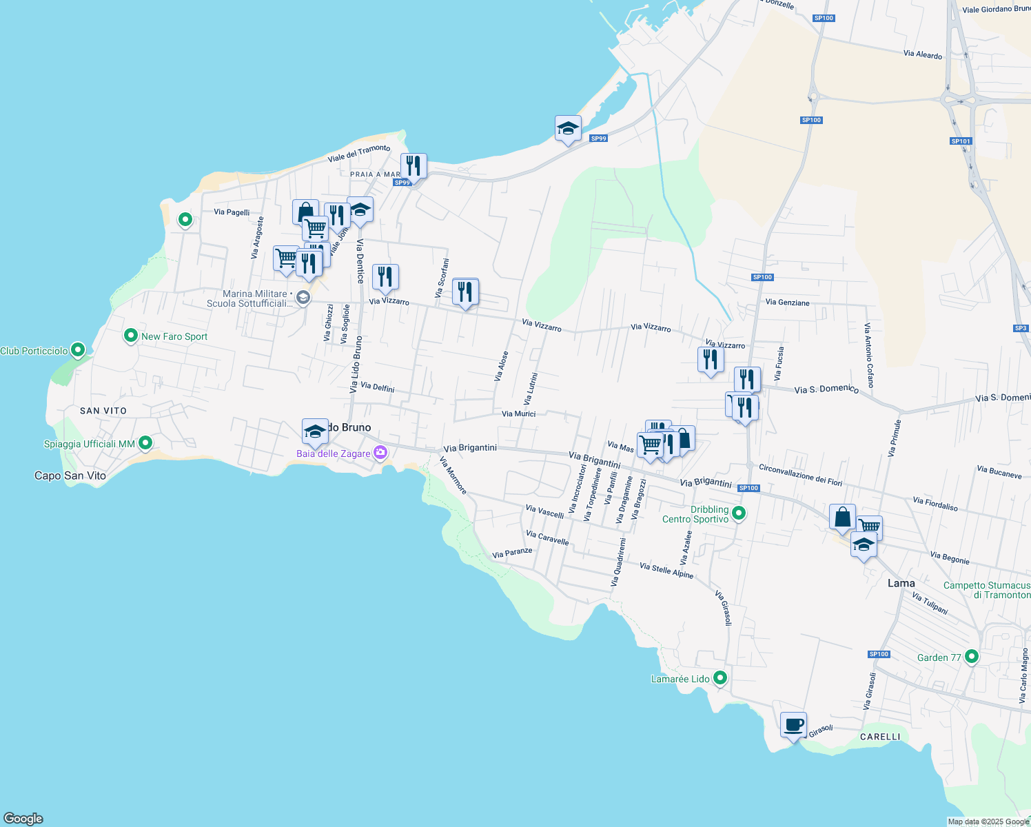 map of restaurants, bars, coffee shops, grocery stores, and more near Via Murici in Taranto