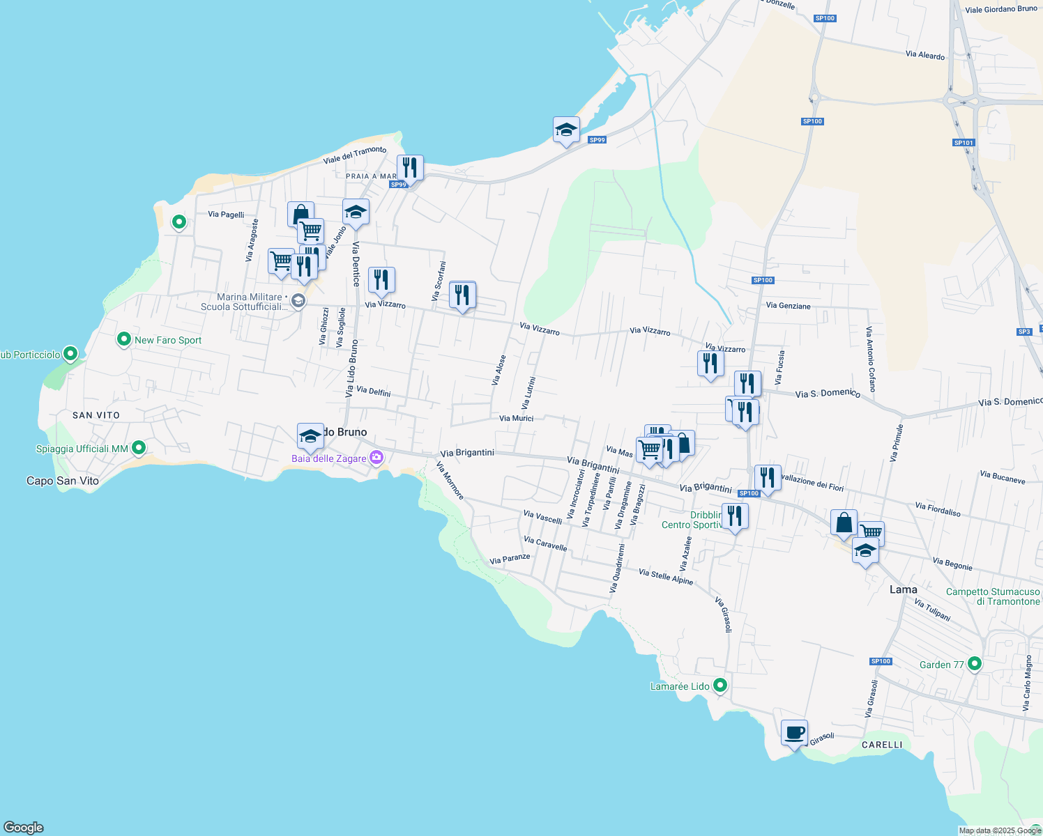 map of restaurants, bars, coffee shops, grocery stores, and more near Via Murici in Taranto